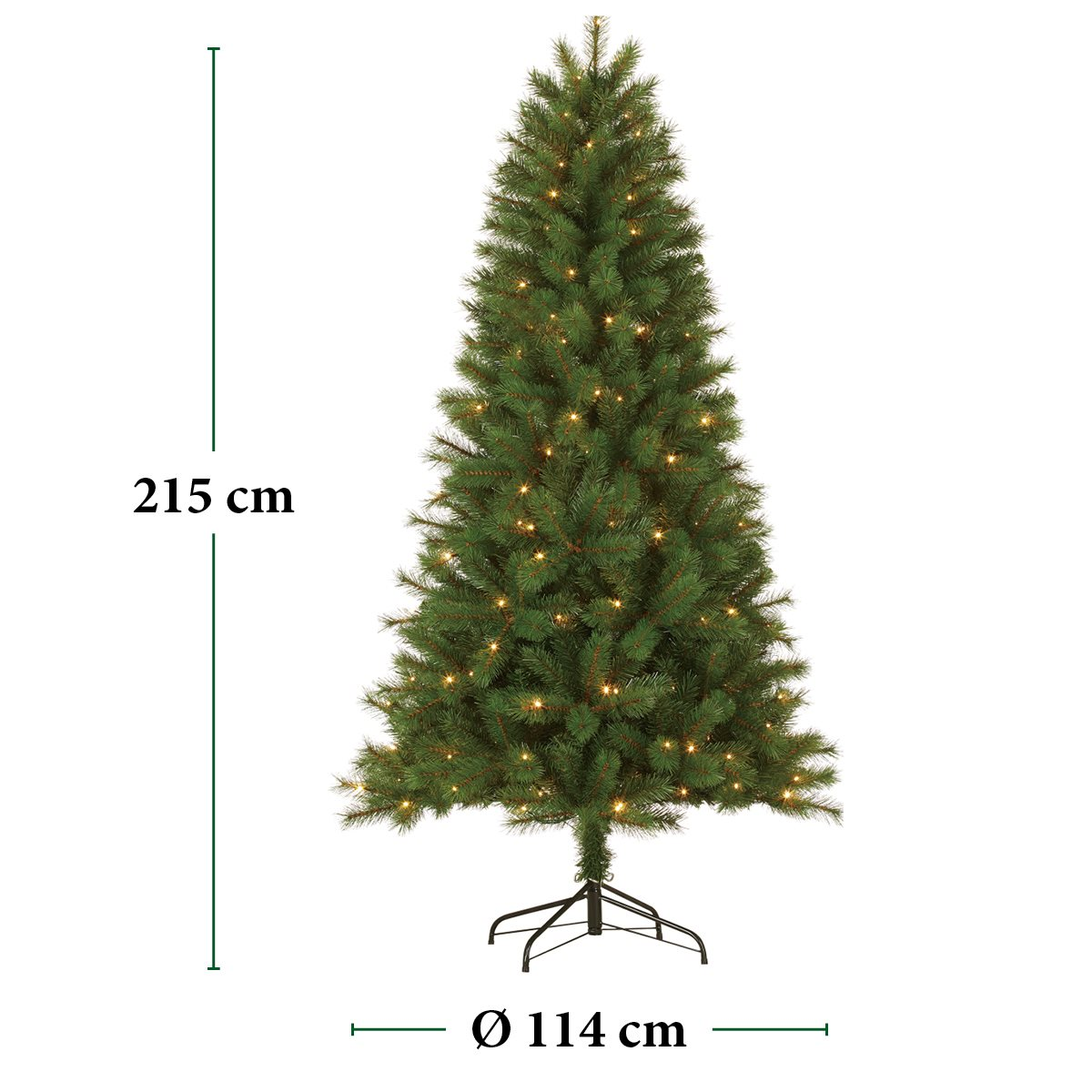 Een groene kerstboom met lichtjes wordt getoond tegen een witte achtergrond. Afmetingen: 215 cm hoog, 114 cm diameter.