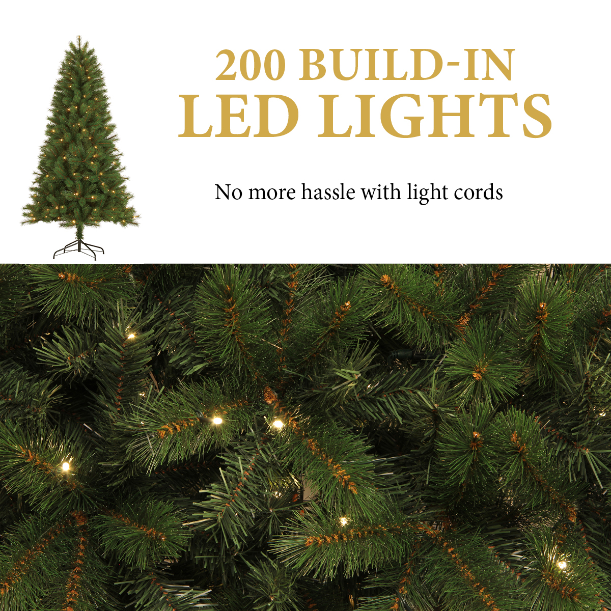 Een groene kerstboom met 200 LED-lampjes. Tekst: 200 ingebouwde LED-lampjes. Geen gedoe meer met lichtsnoeren.