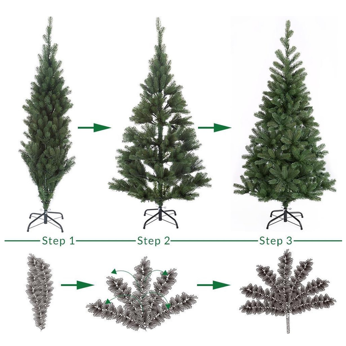Drie fasen van het monteren van een groene kunstkerstboom. Pijlen tonen elke stap, met de takken die zich verspreiden.