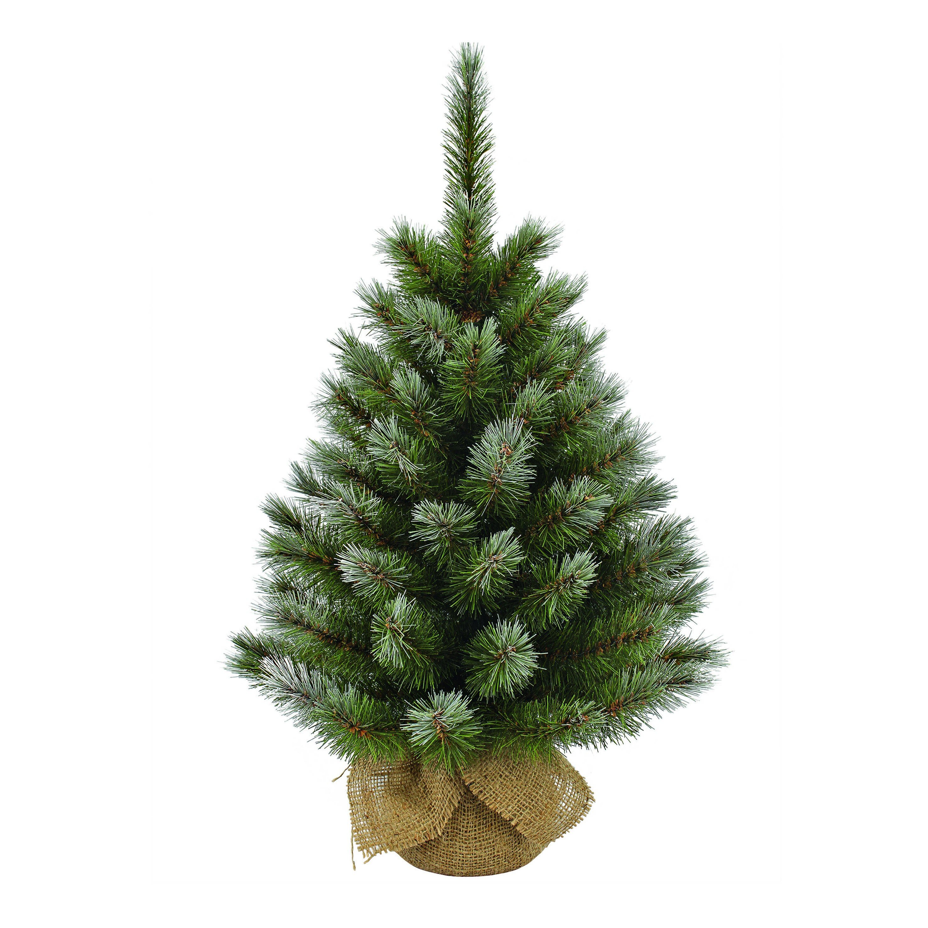 Een kleine groene kerstboom met jute basis tegen een witte achtergrond.