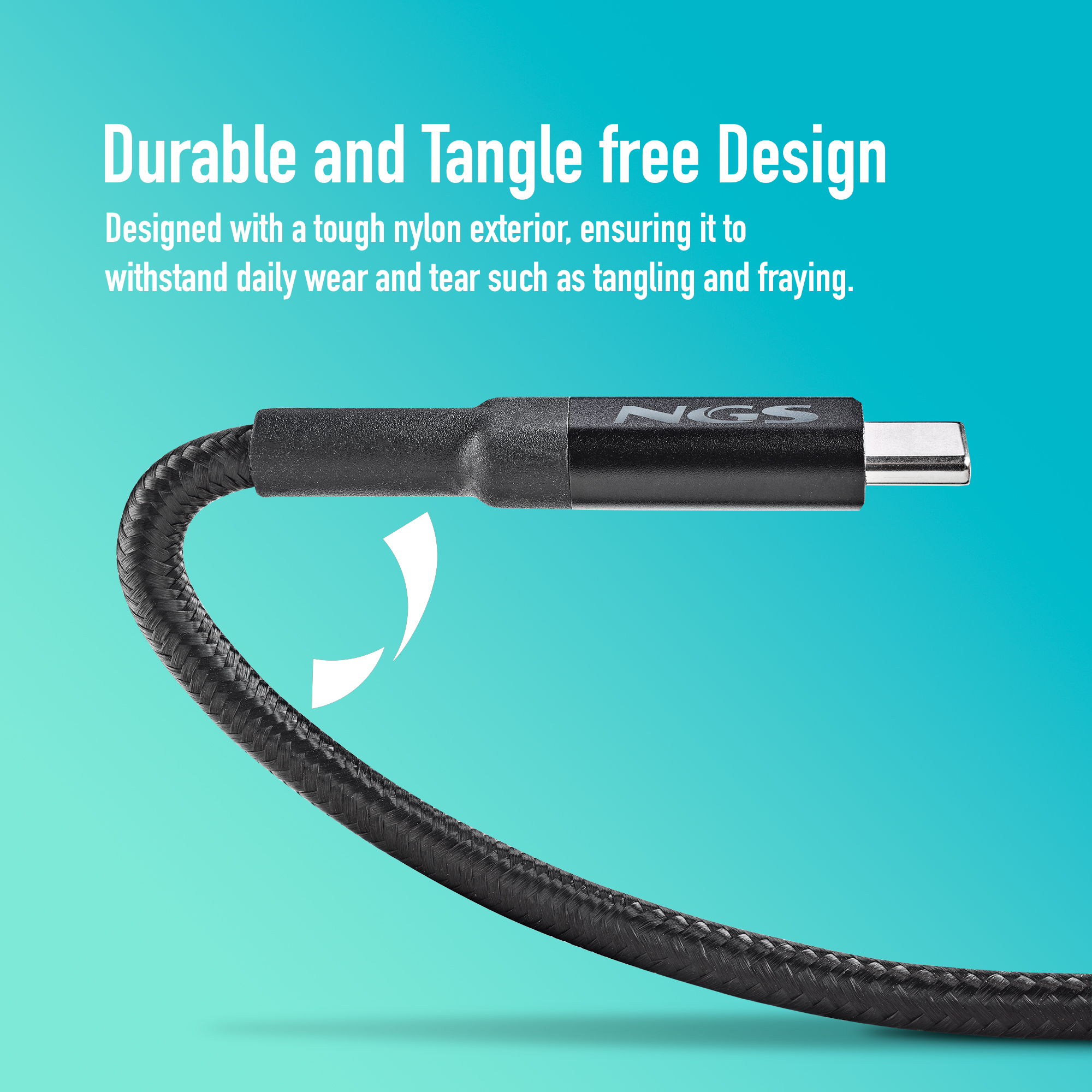 Cable negro con conector USB-C. El texto dice diseño duradero. El fondo es turquesa.