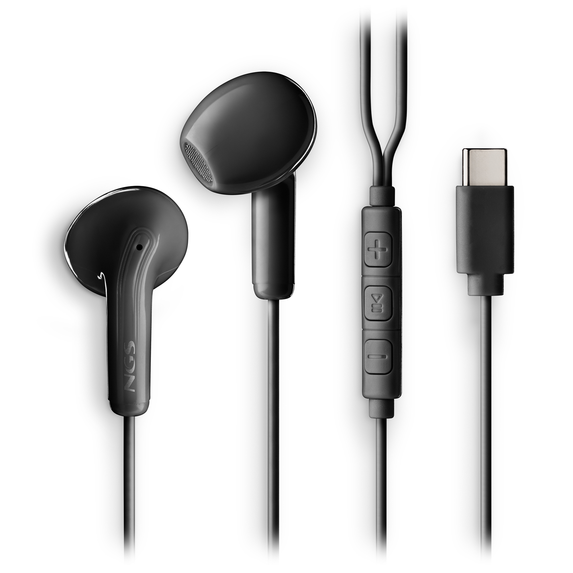 Cuffie in-ear nere con controllo e connettore USB-C su sfondo bianco. Il marchio è visibile su un auricolare.