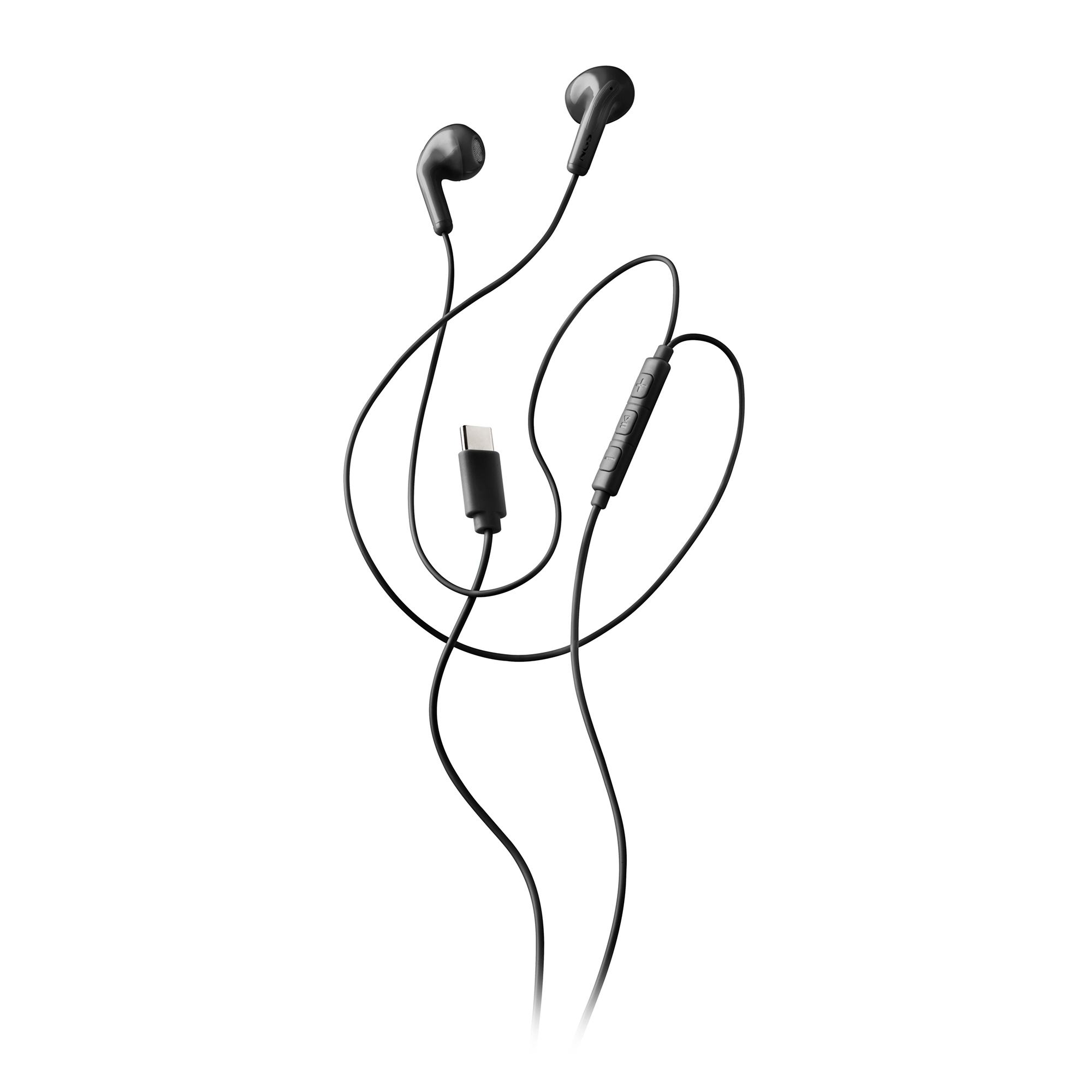Cuffie in-ear nere con connettore USB-C su sfondo bianco. Il controllo del volume è visibile sul cavo.