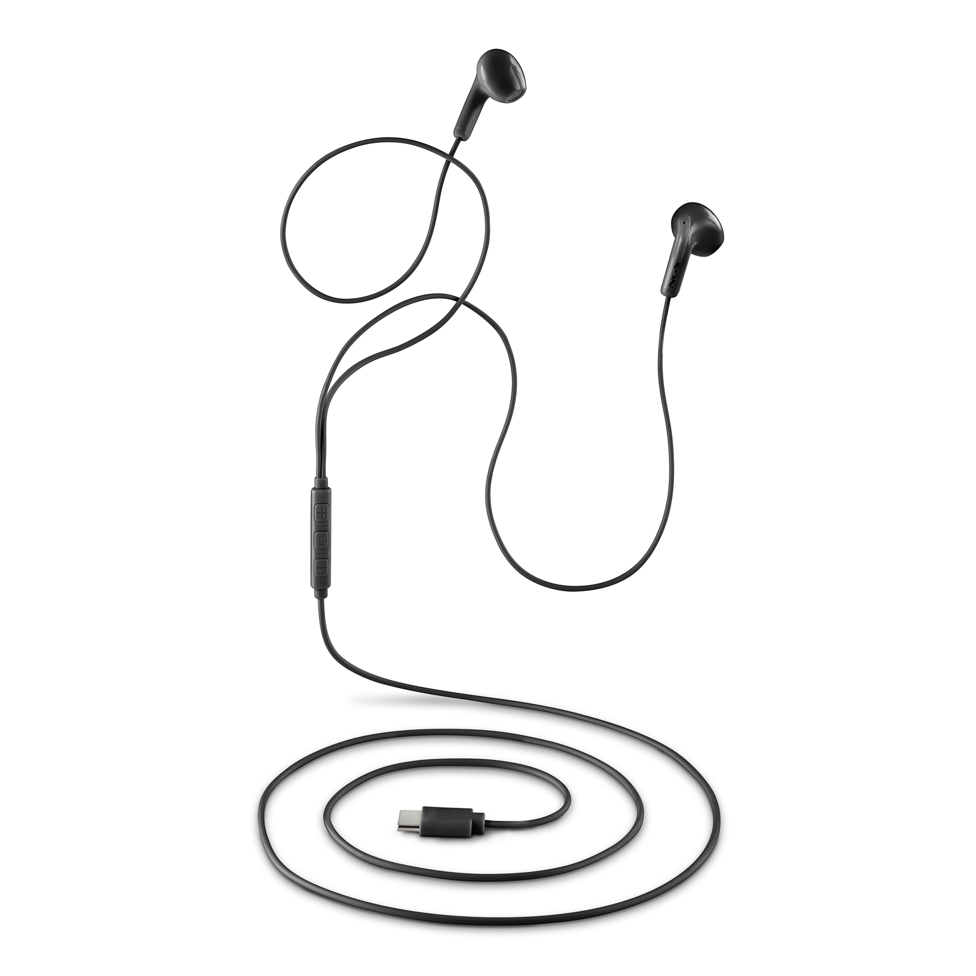 Auricolari neri con connettore USB-C su sfondo bianco. Il cavo è lungo e arrotolato.