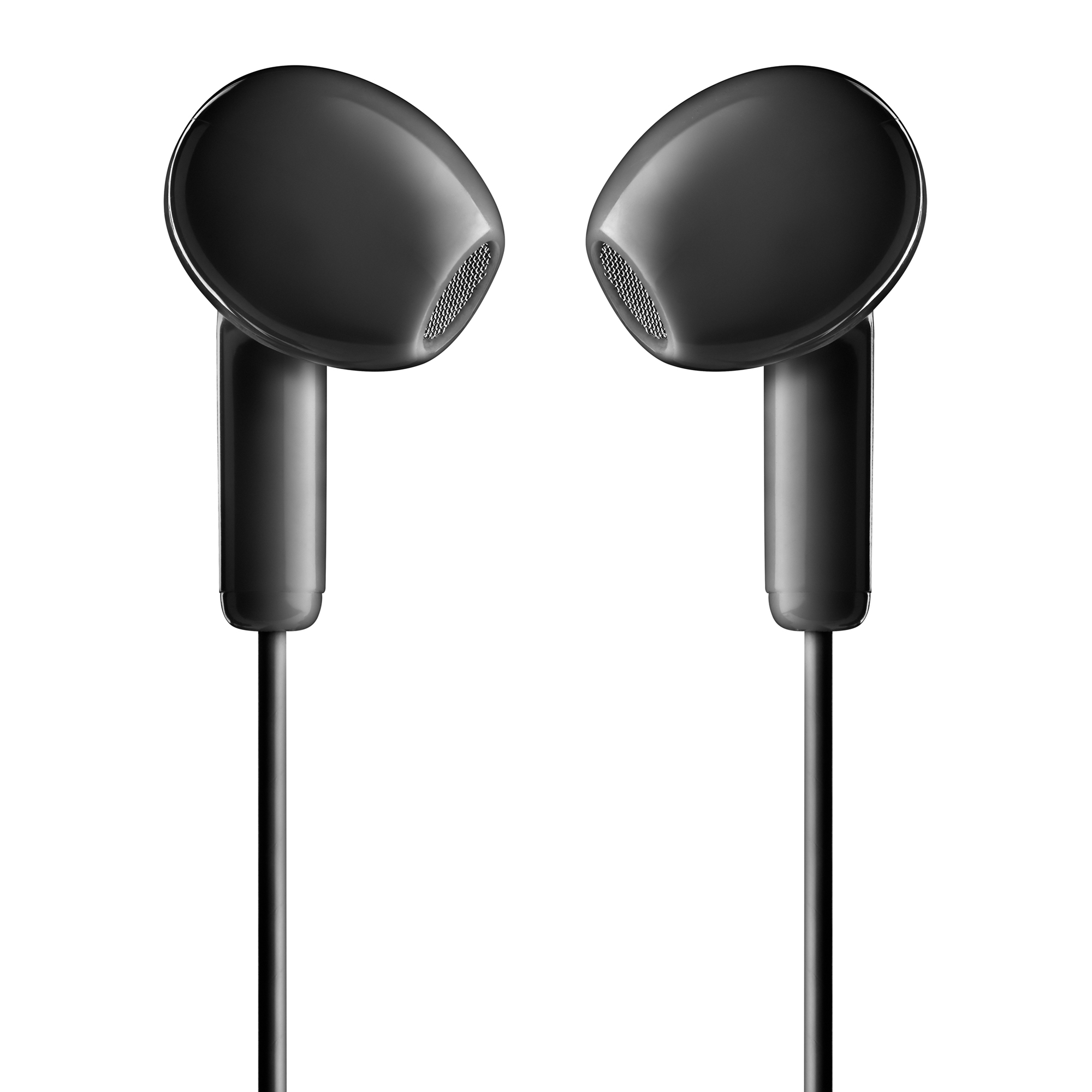 Due auricolari neri su sfondo bianco. Ognuno ha un auricolare arrotondato e un filo.