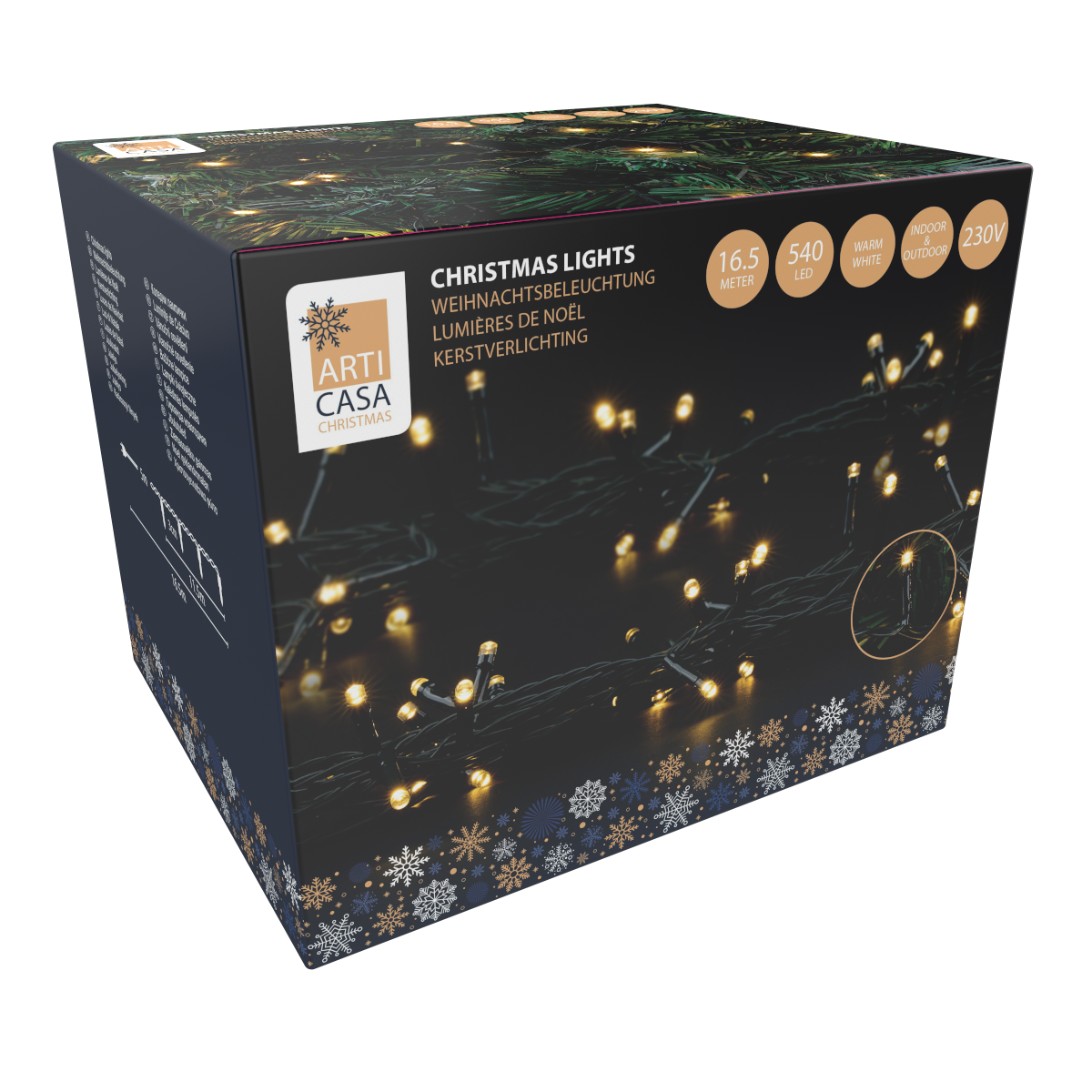 Boîte de guirlandes lumineuses de Noël avec infos produit. Les lumières sont visibles. La boîte montre des flocons. Logo 'ARTI CASA CHRISTMAS'.