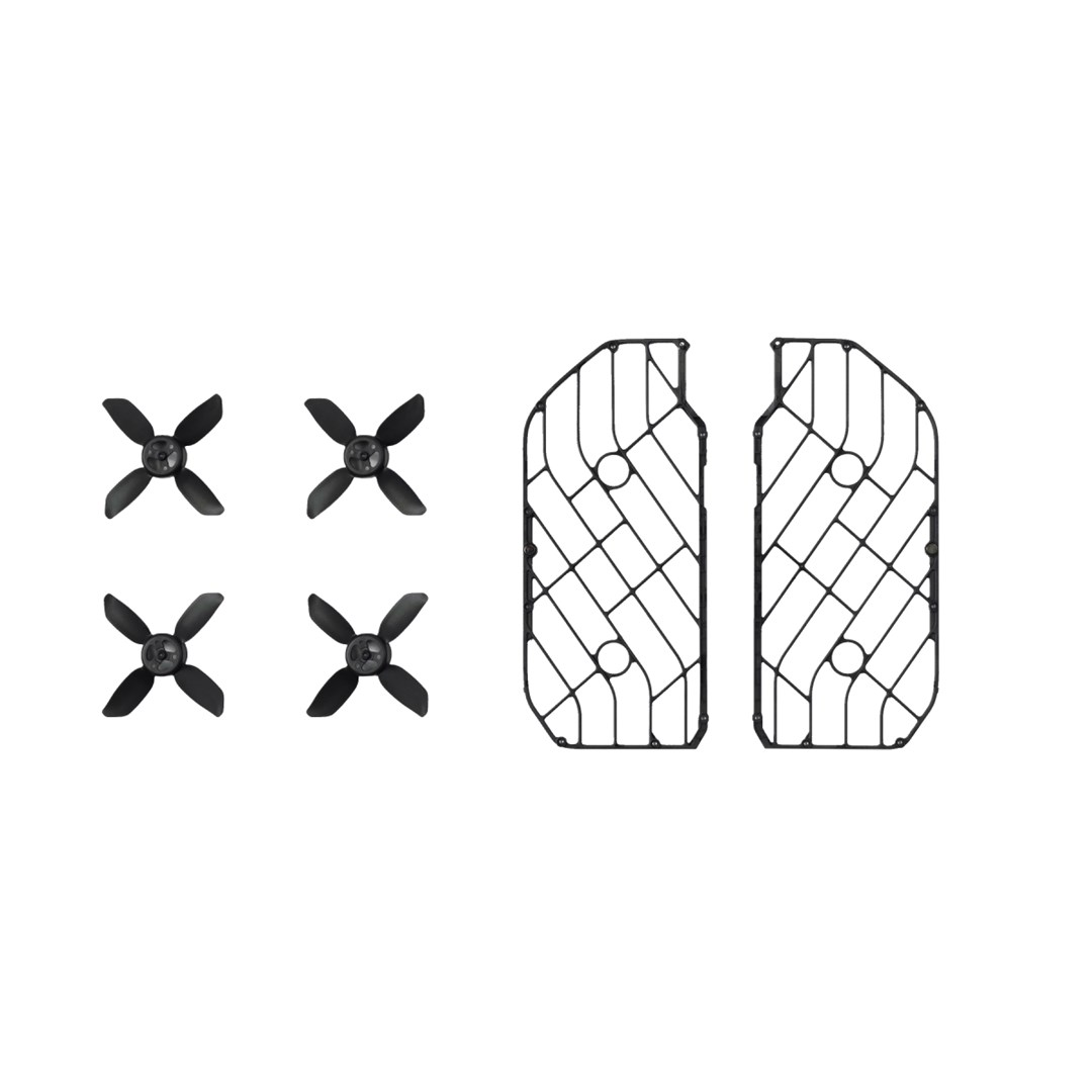 Cztery czarne śmigła i dwie czarne klatki ochronne na białym tle. Śmigła są w grupie.