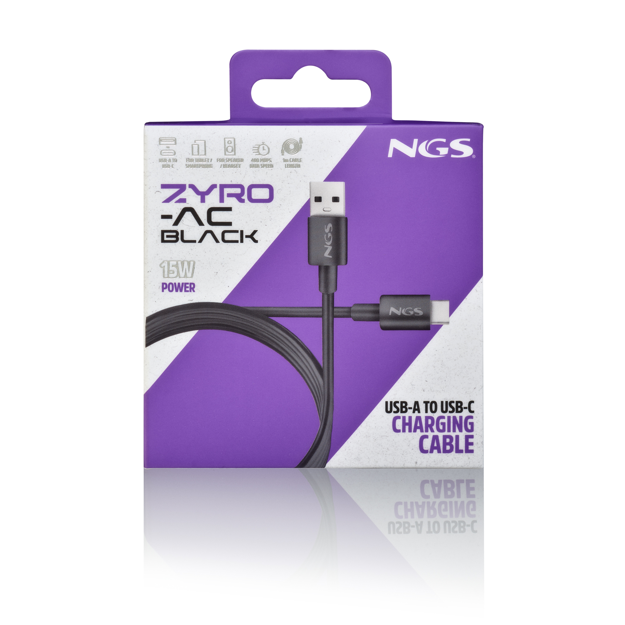 Cavo di ricarica USB-A a USB-C nero nella sua scatola viola e bianca. La scatola dice 'ZYRO -AC BLACK' e '15W POWER'.