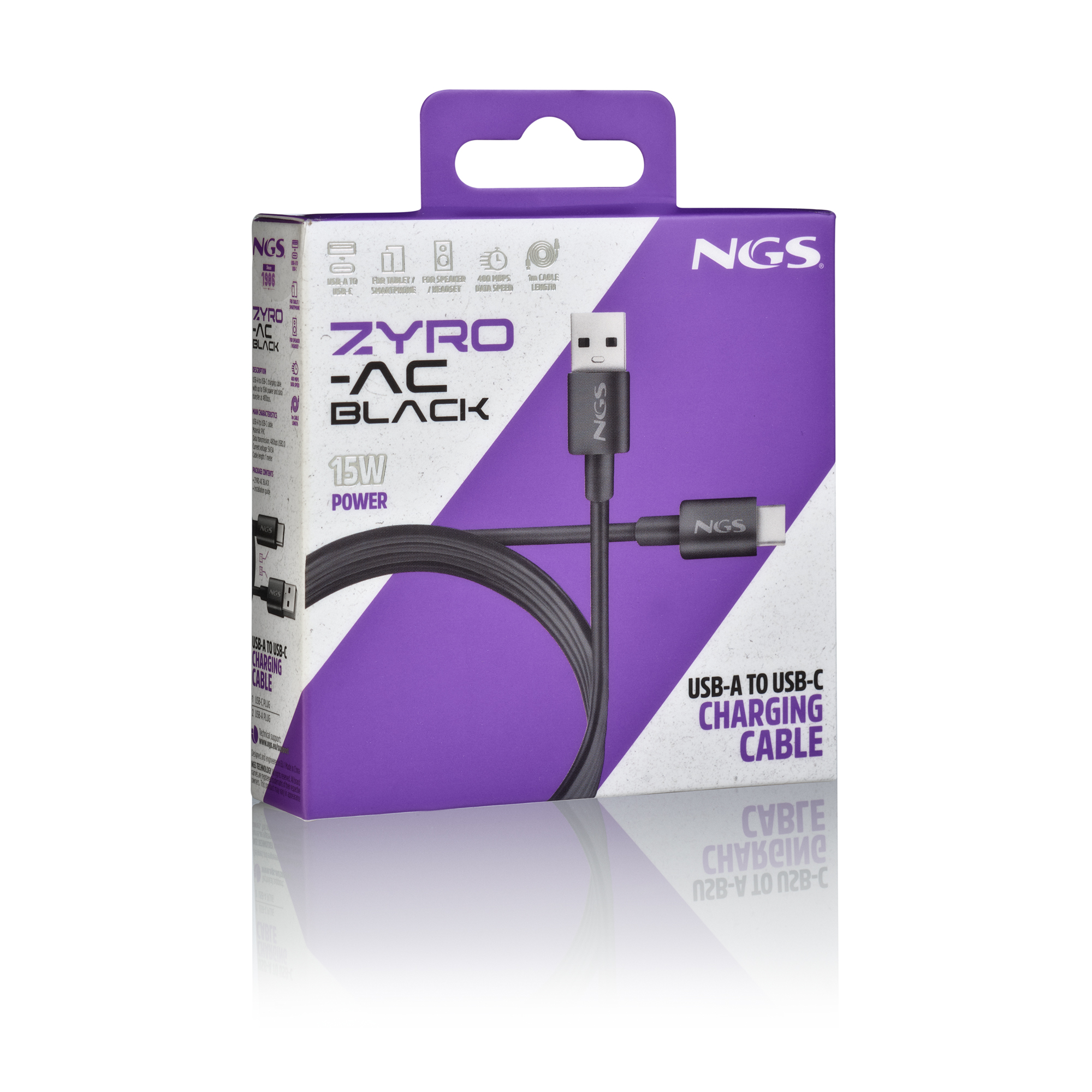 Una scatola nera e viola con un cavo di ricarica USB. La scatola presenta il marchio NGS e i dettagli del prodotto.