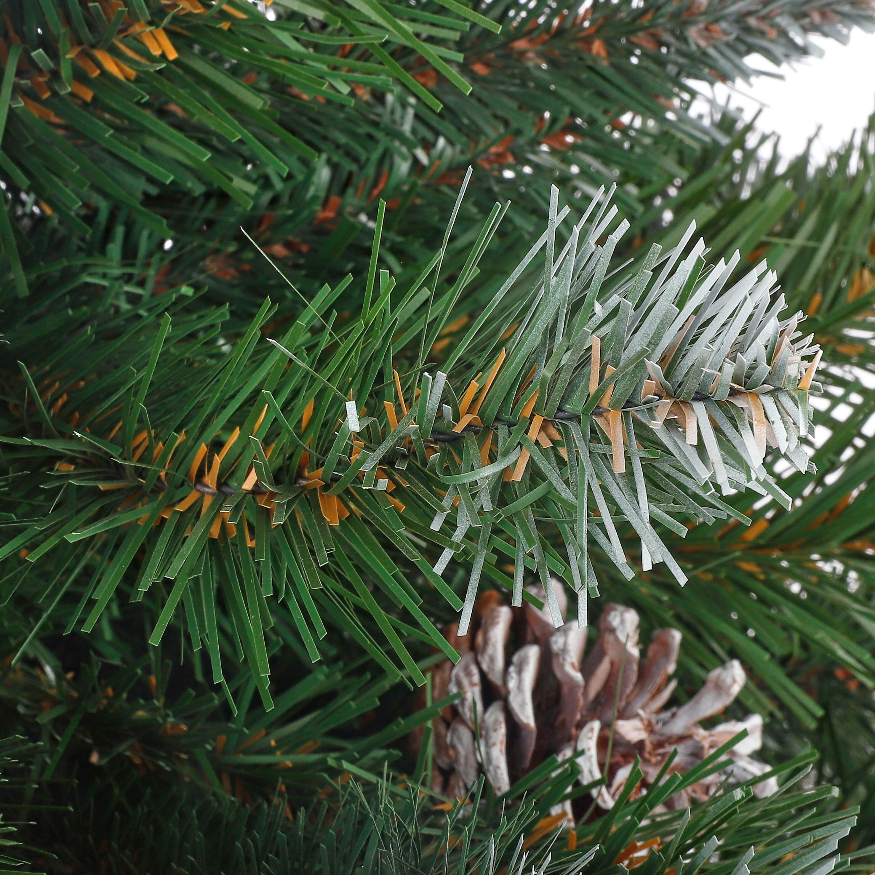 Gros plan d'une branche de sapin de Noël. Aiguilles vertes et pointes givrées. Un cône de pin en bas.