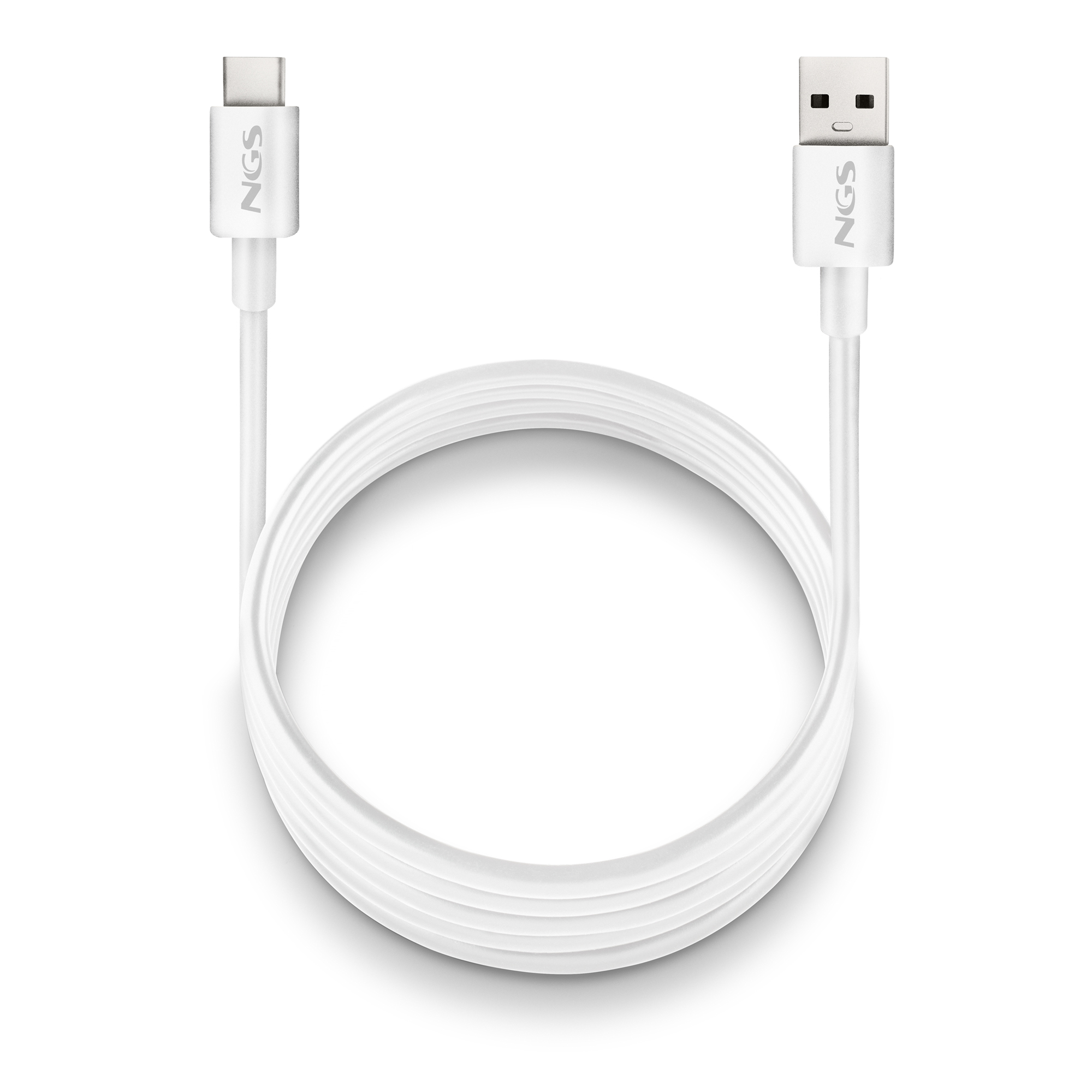 Un cavo USB bianco con logo NGS su entrambe le estremità. Il cavo è ad anello.
