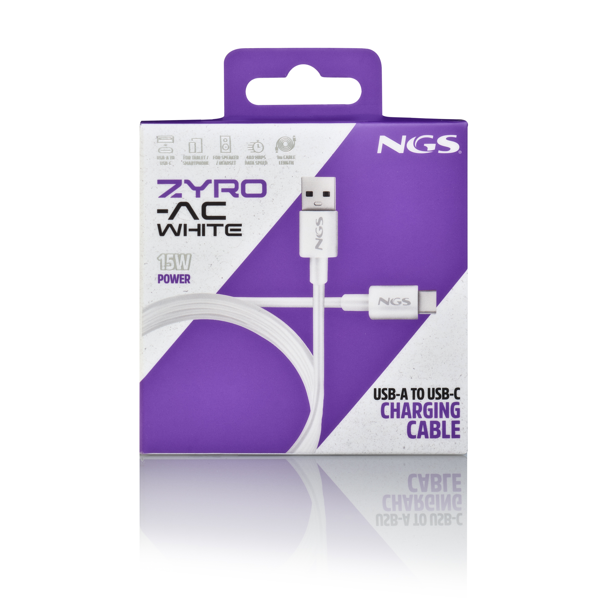 Un cavo di ricarica bianco in una scatola viola. La scatola ha il marchio NGS e il tipo di cavo: da USB-A a USB-C.