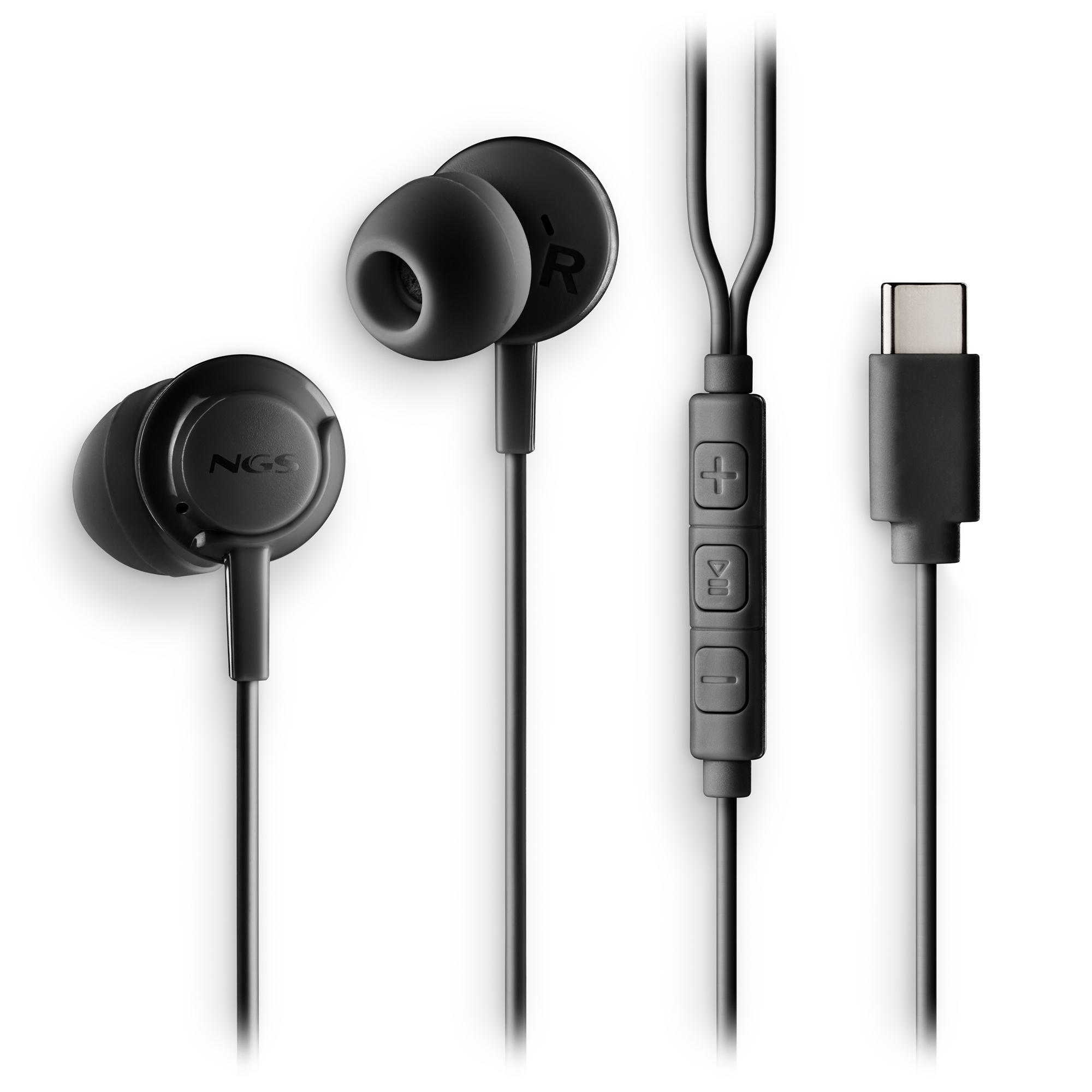 Cuffie in-ear nere con connettore USB-C, pannello di controllo e marchio NGS sull'auricolare. Sfondo bianco.