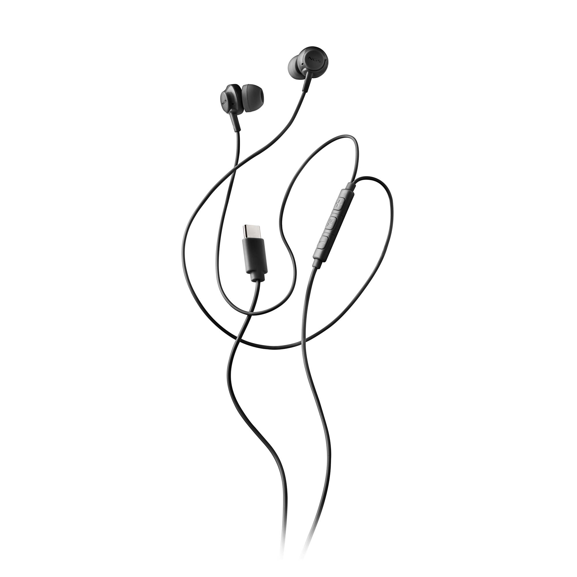Auricolari neri con connettore USB-C su sfondo bianco. I cavi sono curvi.
