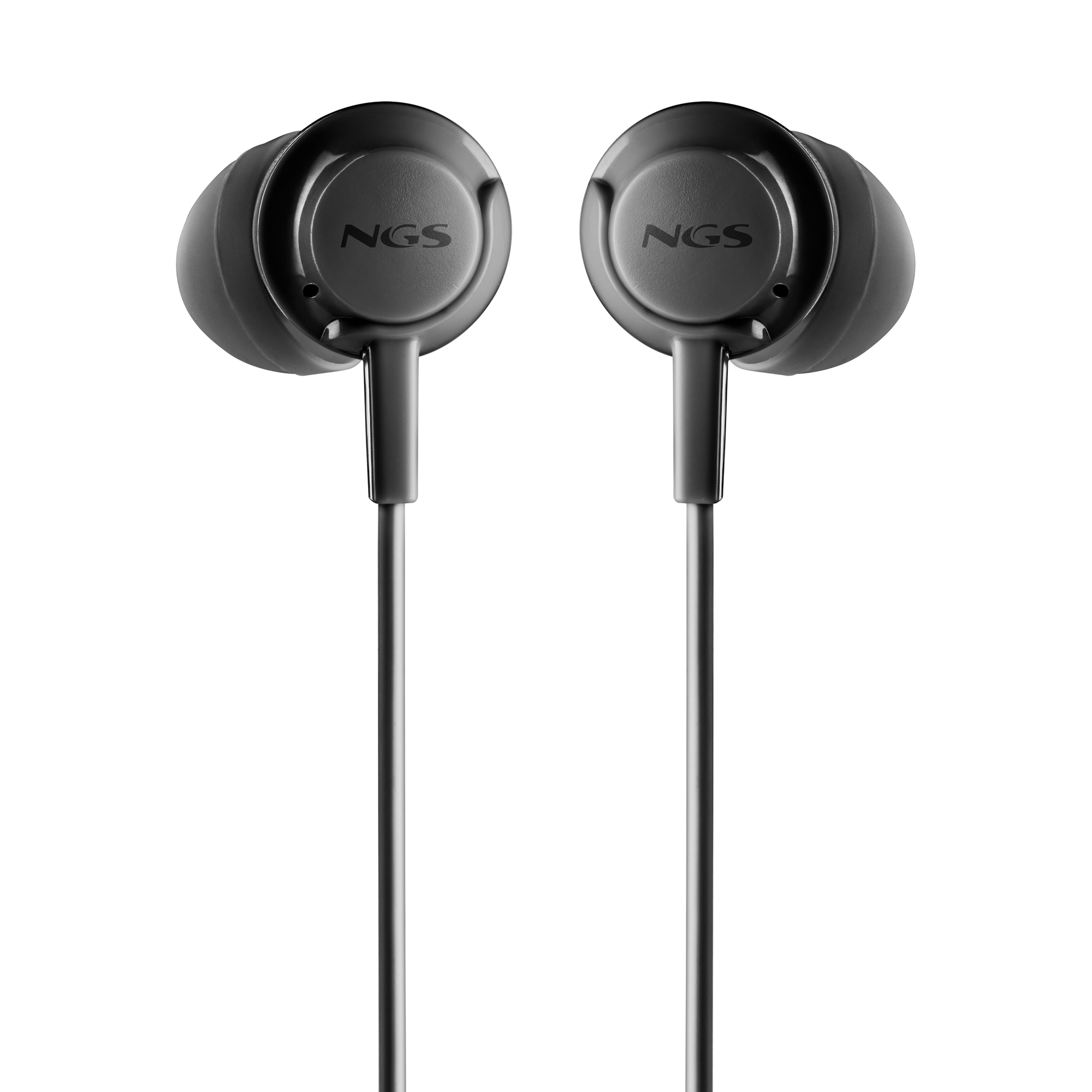 Coppia di cuffie in-ear grigie su sfondo bianco. Ogni auricolare ha il logo 'NGS'.