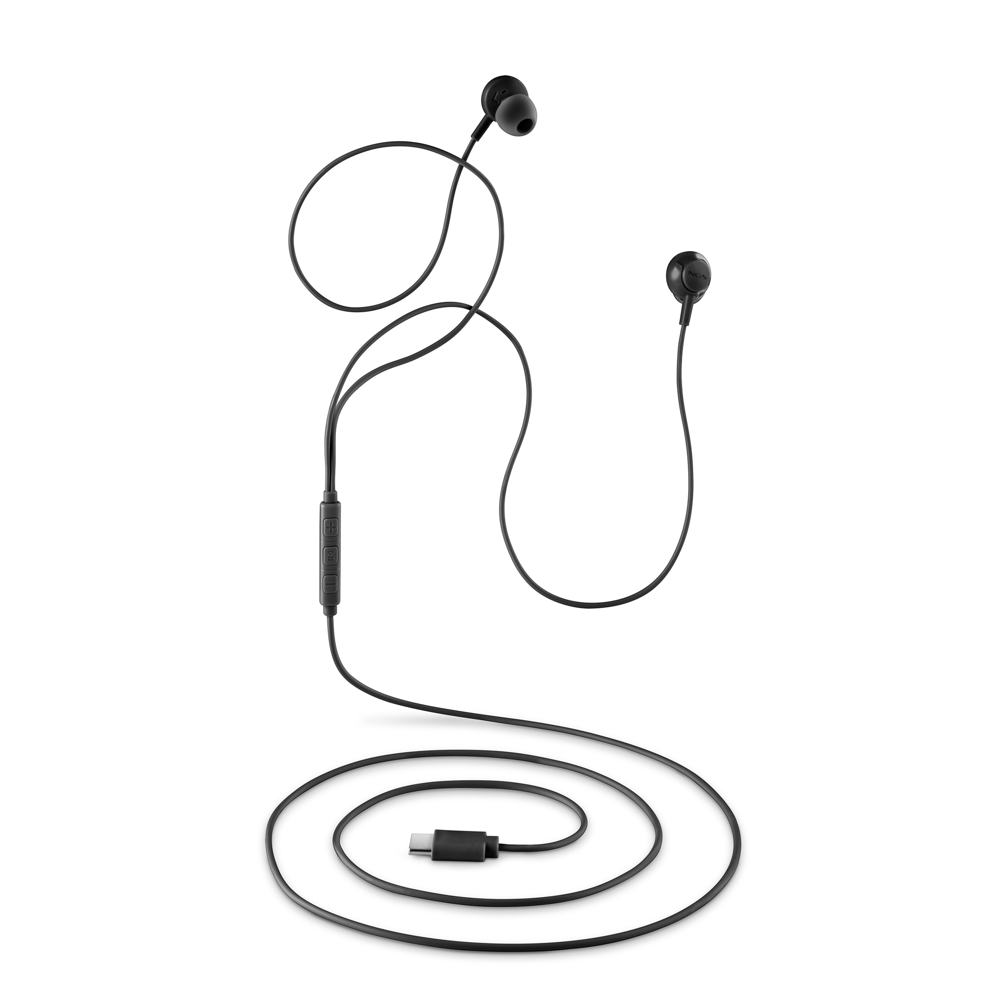 Auricolari neri con filo su sfondo bianco. Il cavo forma una spirale con un connettore USB-C.