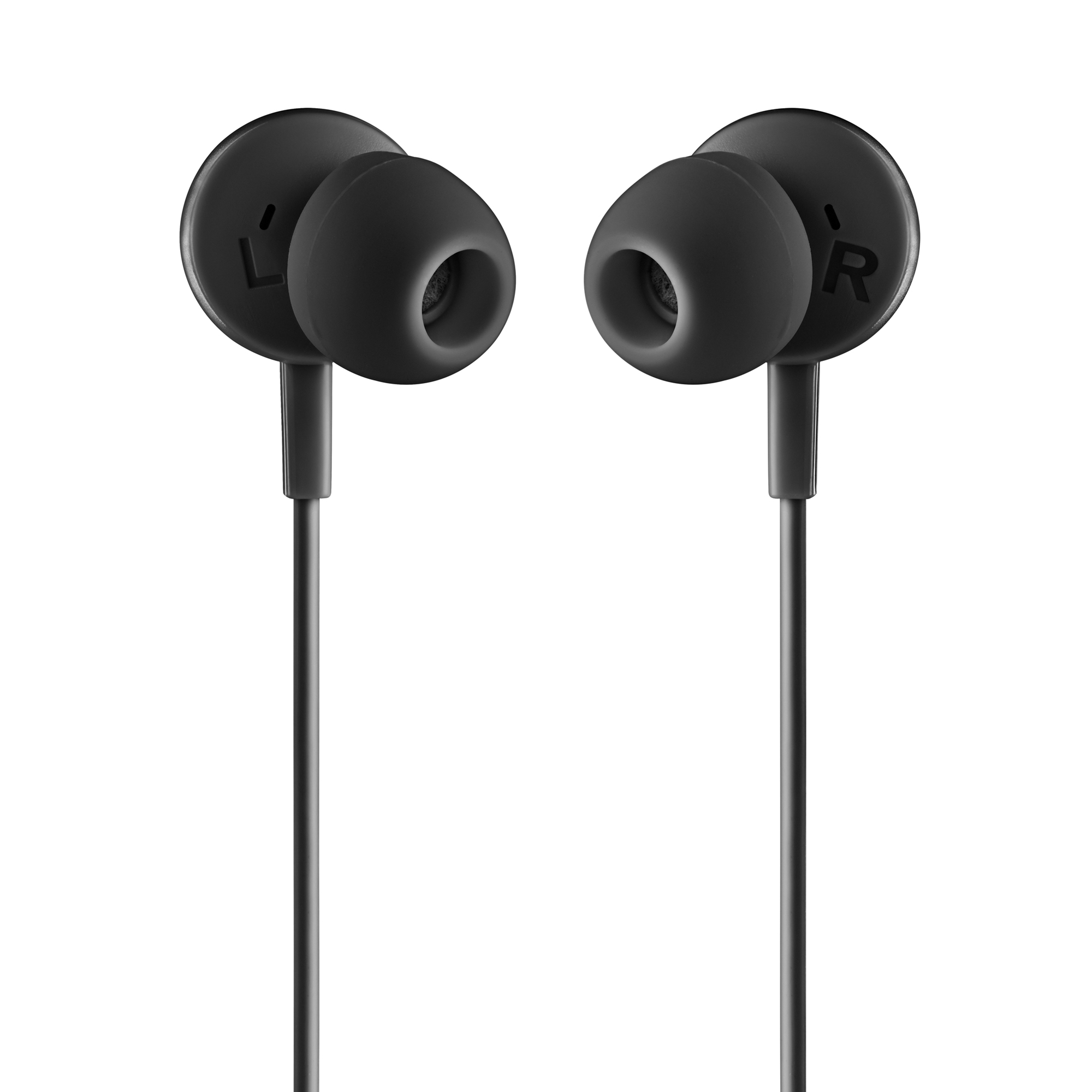 Auricolari neri, contrassegnati 'L' e 'R', su sfondo bianco. I fili si estendono verso il basso.