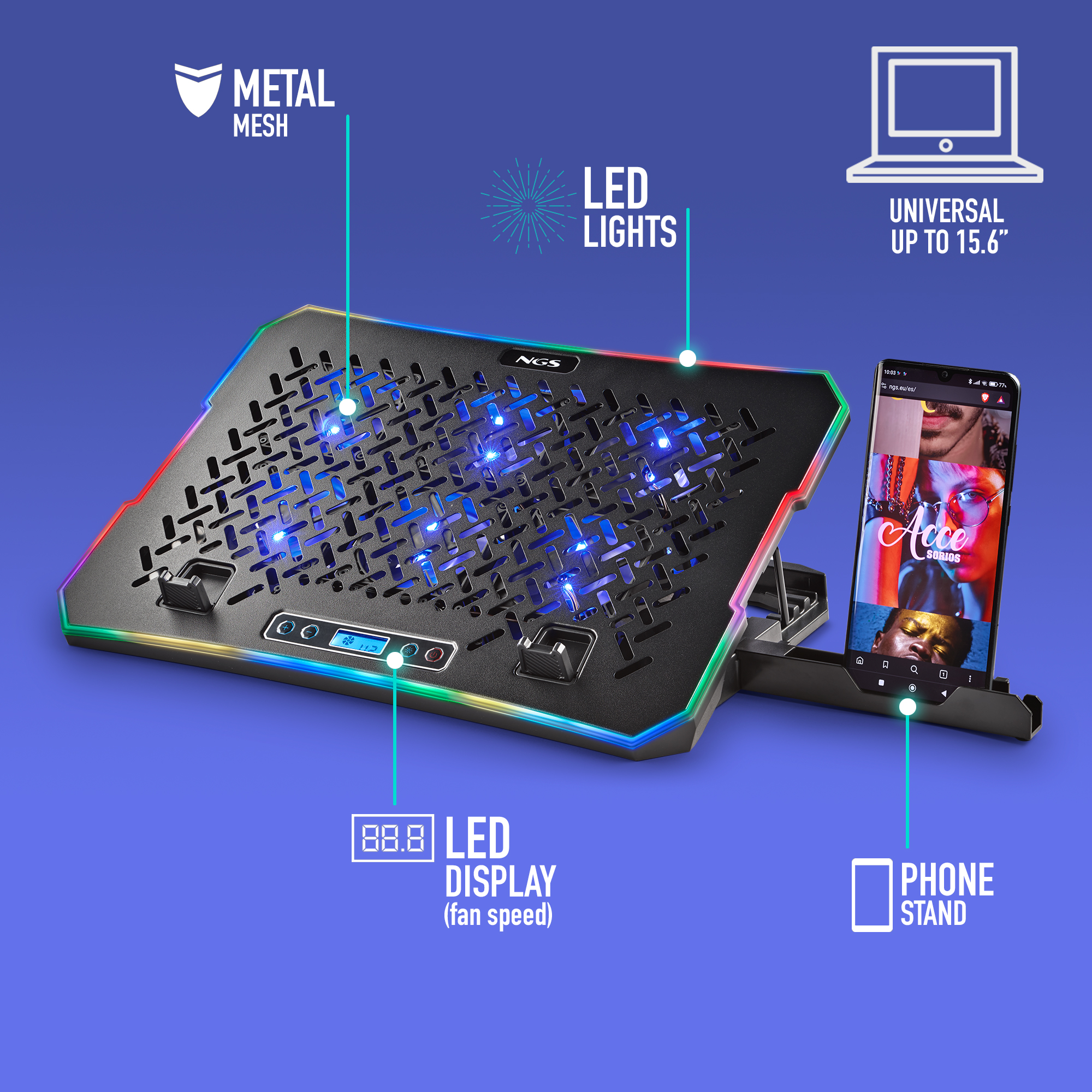 Ventola per laptop nera con LED blu, un supporto per telefono con un telefono e un display digitale. La ventola ha una maglia metallica.