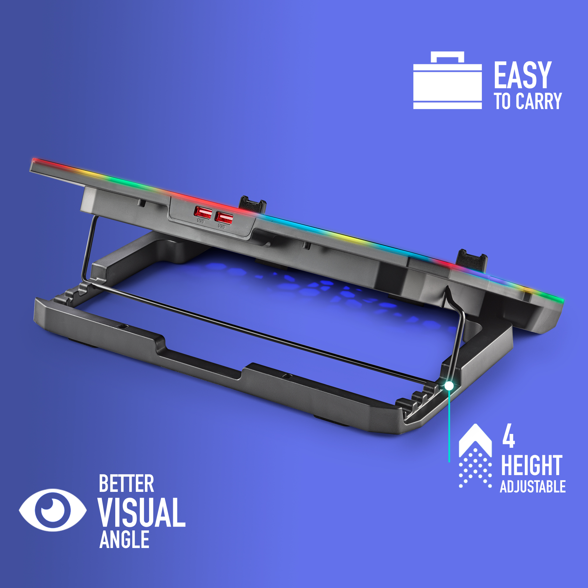 Ventola per laptop con luci LED e porte USB, altezza regolabile, nero, su sfondo blu. Testo: Facile da trasportare, Migliore angolo visivo.