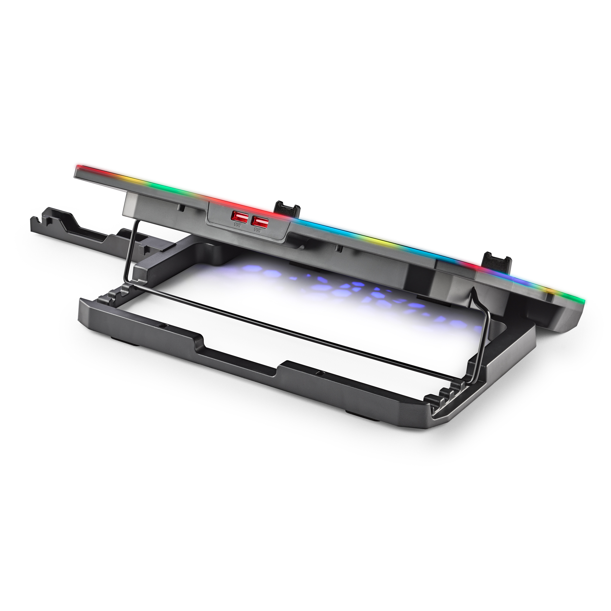 Un dispositivo di raffreddamento per laptop nero con luci a LED colorate. Ha due porte USB e un supporto.