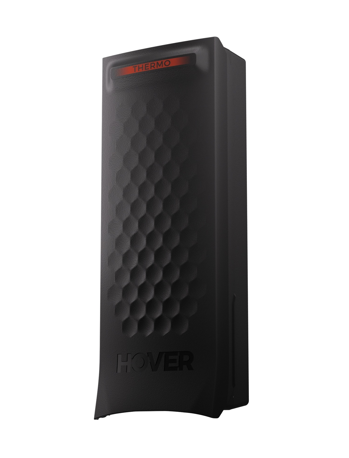 Czarne urządzenie z tekstem "THERMO" i "HOVER". Ma wzór plastra miodu i czerwony pasek na górze.