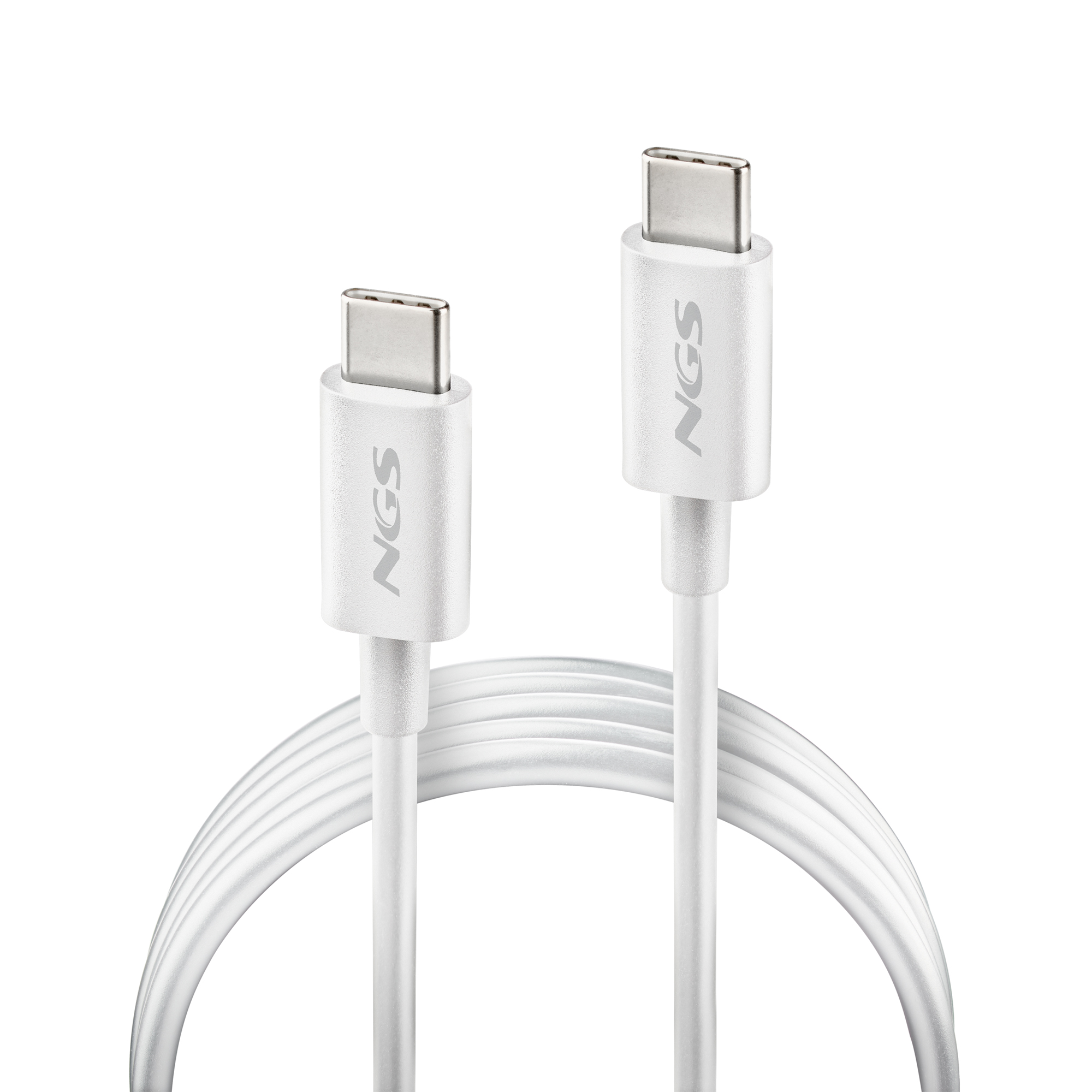 Due cavi USB-C bianchi, con marchio 'NGS', su sfondo bianco.