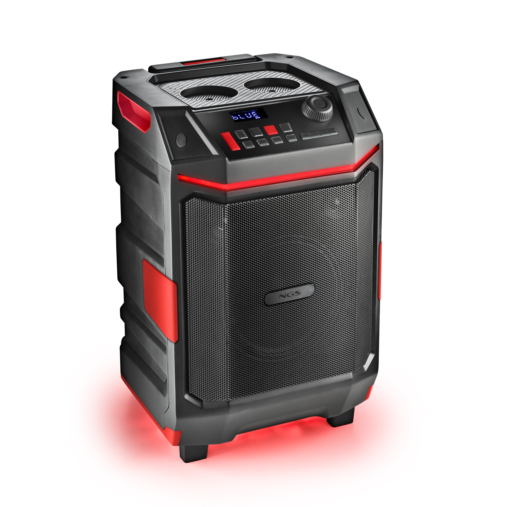 Altavoz negro y rojo. Tiene una rejilla frontal, panel de control superior y luces rojas. La marca es NGS.