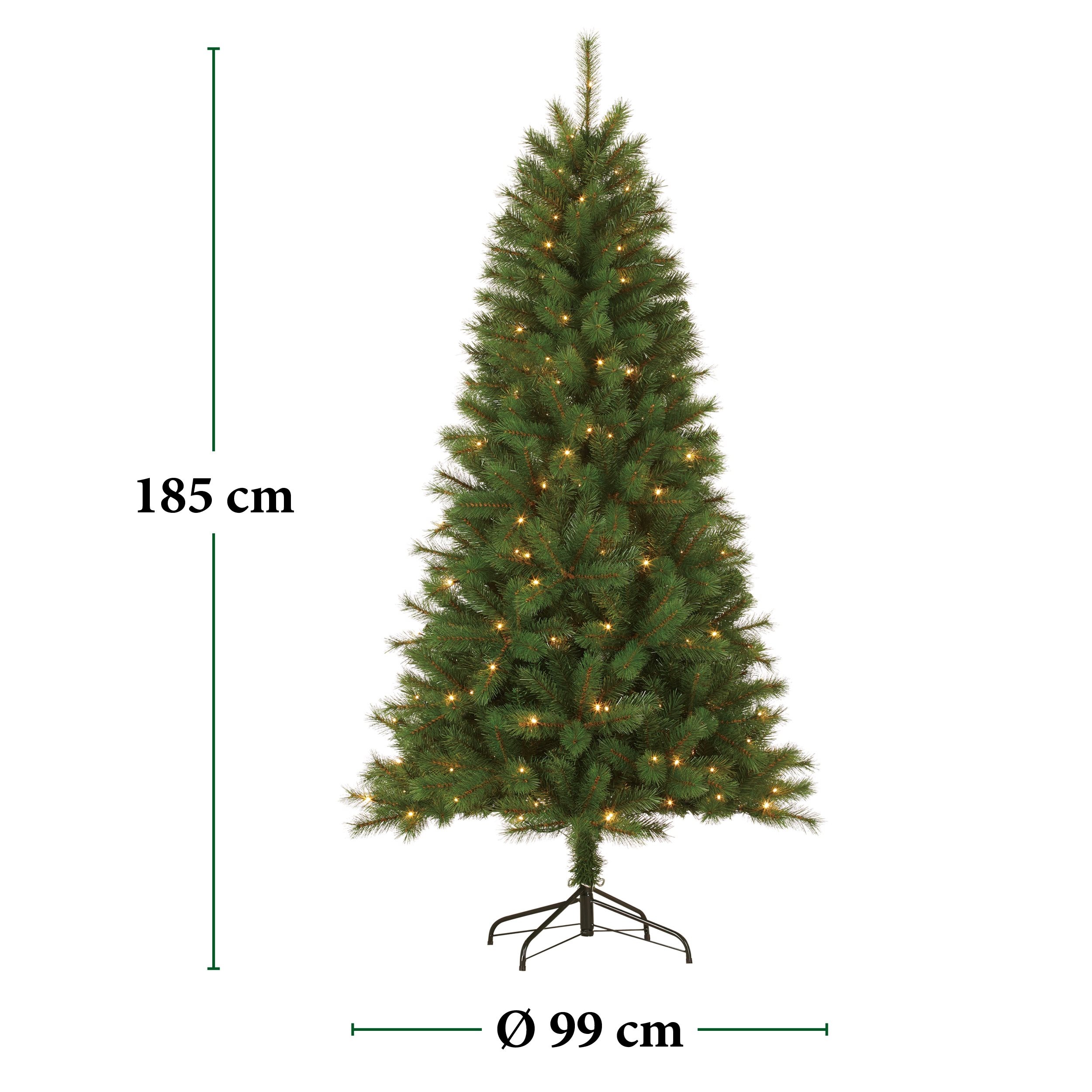 Un sapin de Noël vert avec des lumières est affiché. Il mesure 185 cm de haut et 99 cm de diamètre. Le fond est blanc.