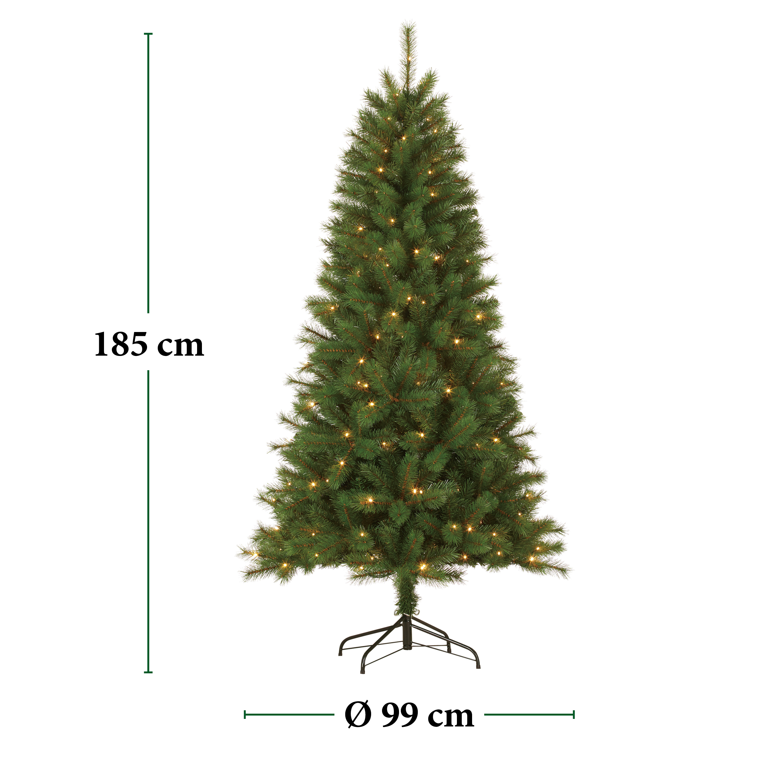 Un sapin de Noël vert avec des lumières. Il mesure 185 cm de haut et 99 cm de diamètre.