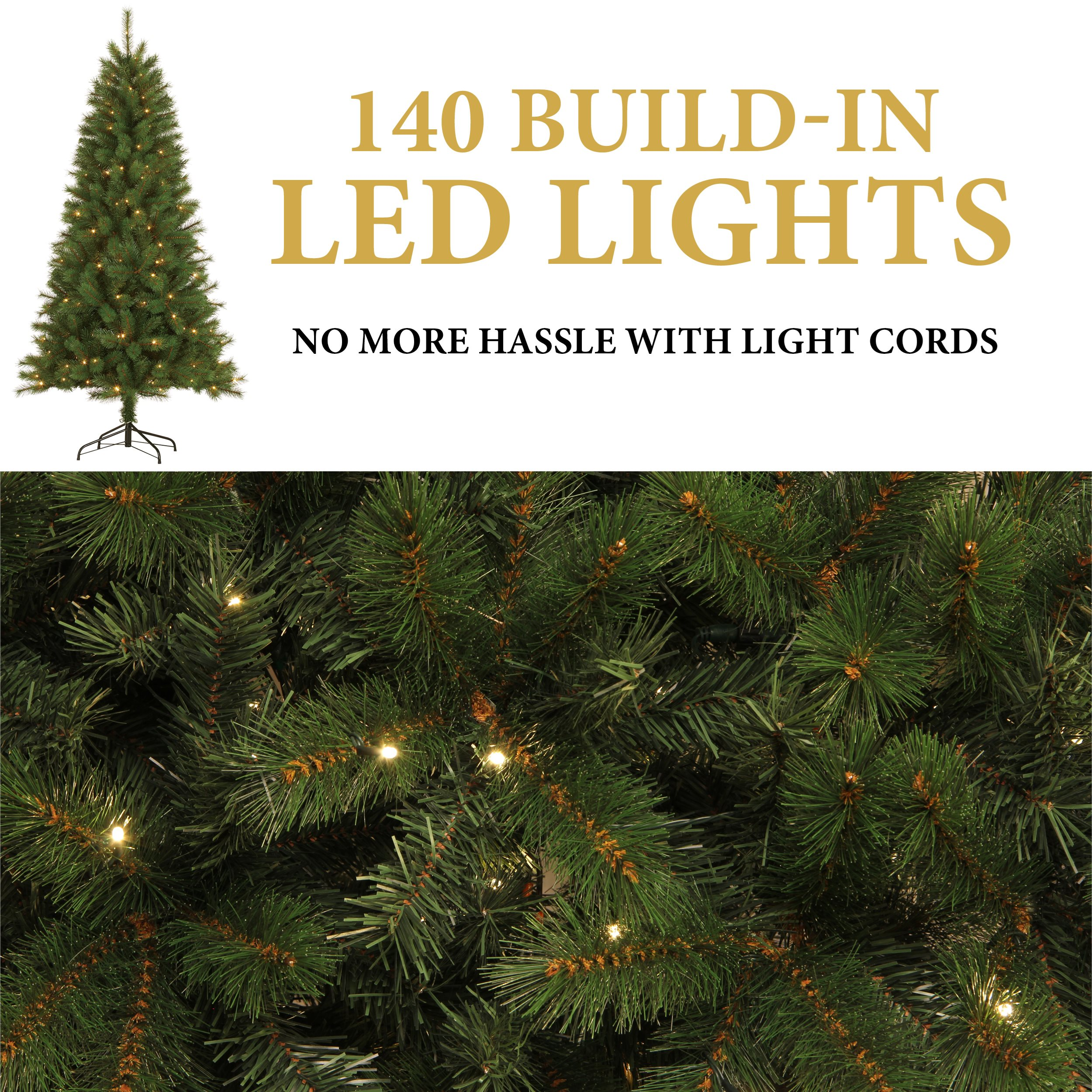 Un sapin de Noël vert avec 140 lumières LED, le texte indique : 140 lumières LED intégrées. Plus de problèmes avec les fils lumineux.