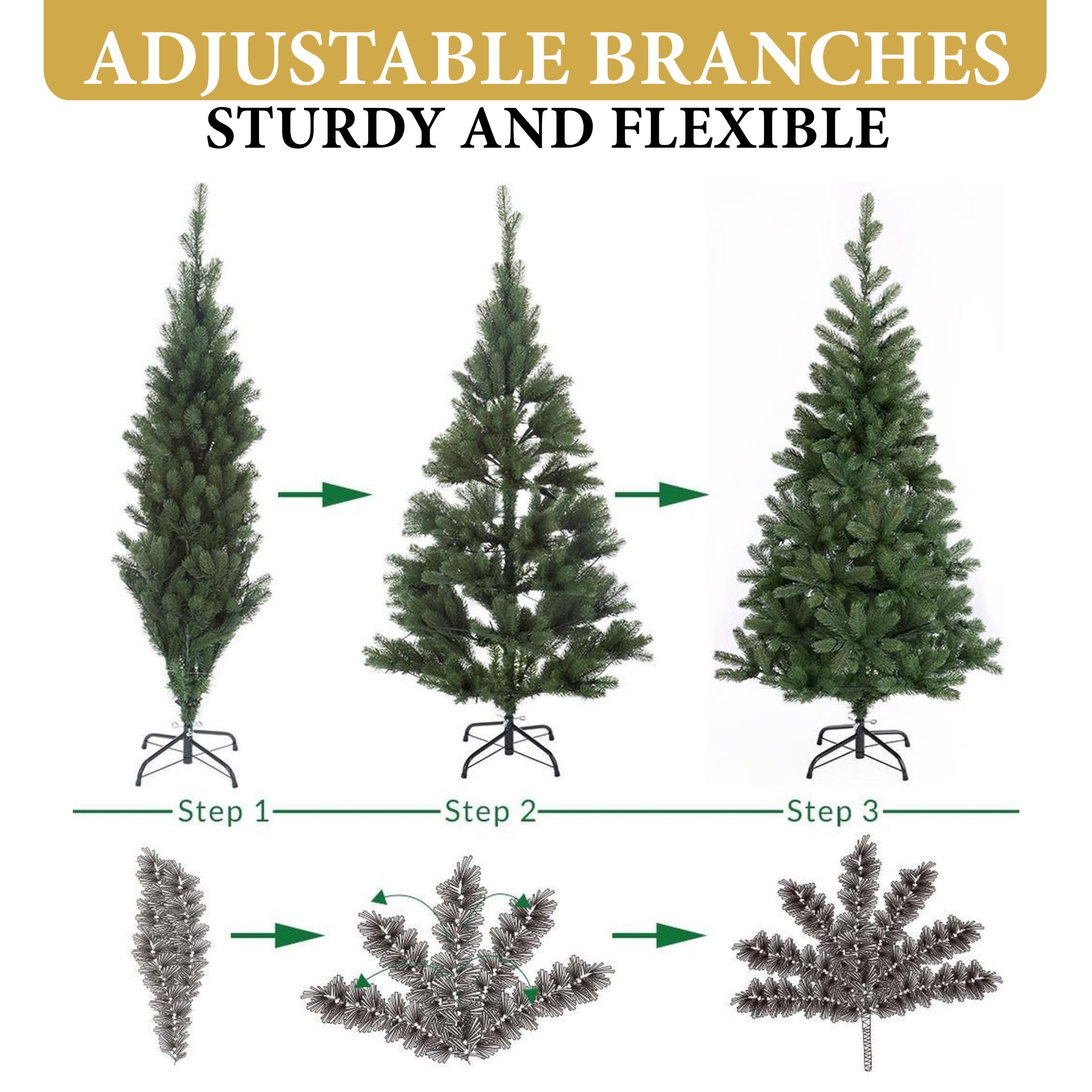 L'image montre un sapin de Noël artificiel avec des branches réglables, démontrant les étapes d'assemblage.