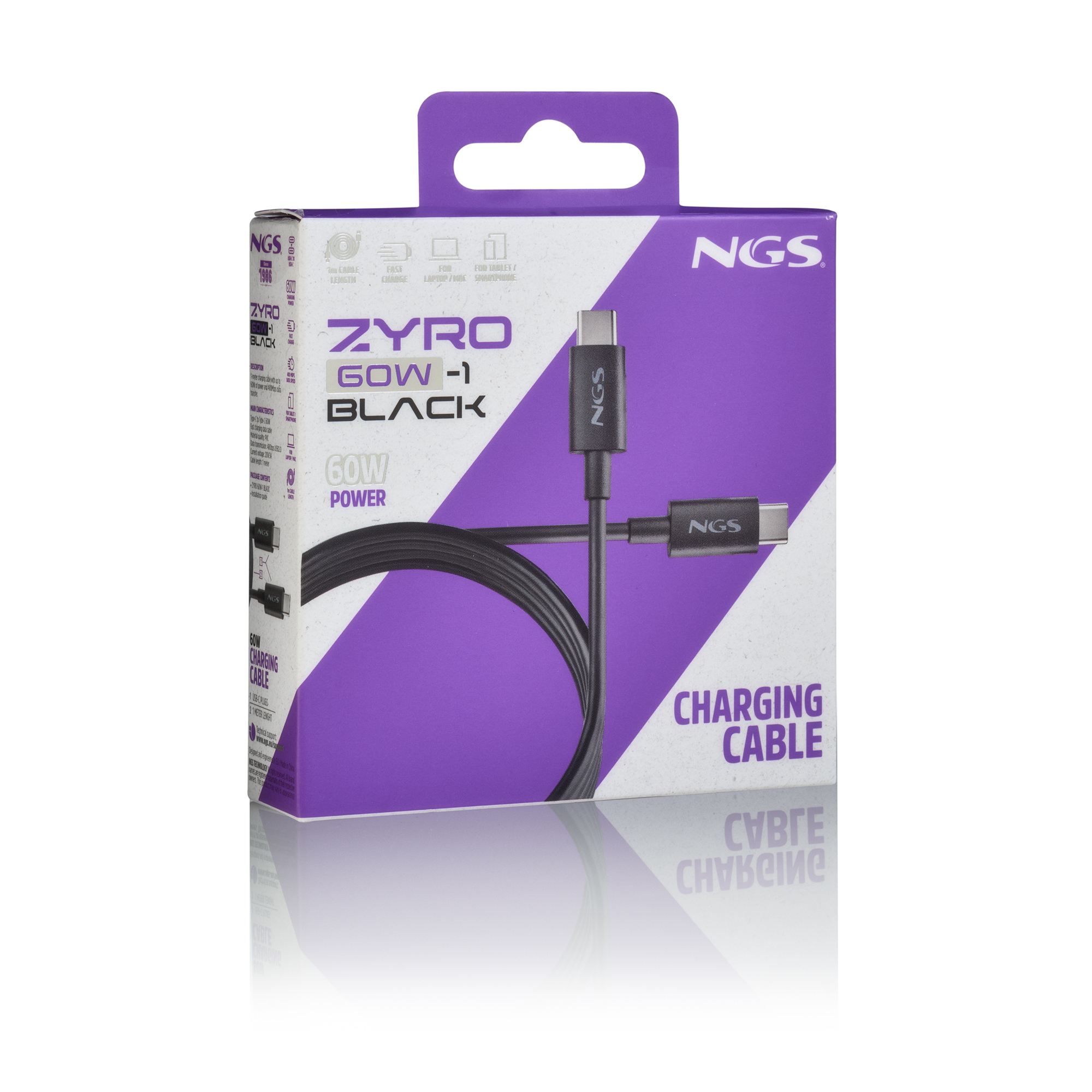Una scatola di cavo di ricarica NGS Zyro 60W. La scatola è bianca e viola, il cavo è davanti.