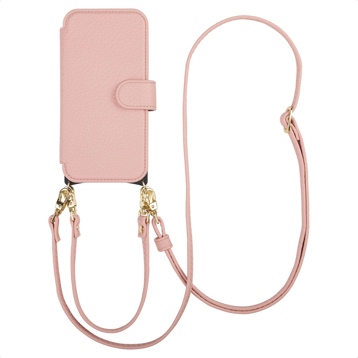 Een roze telefoonhoesje met een band. De hoes heeft een gesp. De band is verbonden met gouden haken.