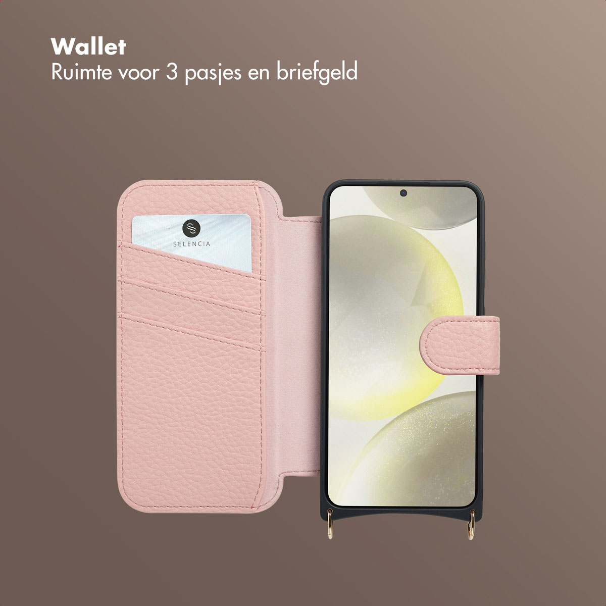 Un étui portefeuille rose avec un téléphone. L'étui a des fentes pour cartes et une fermeture magnétique. Une carte est visible.