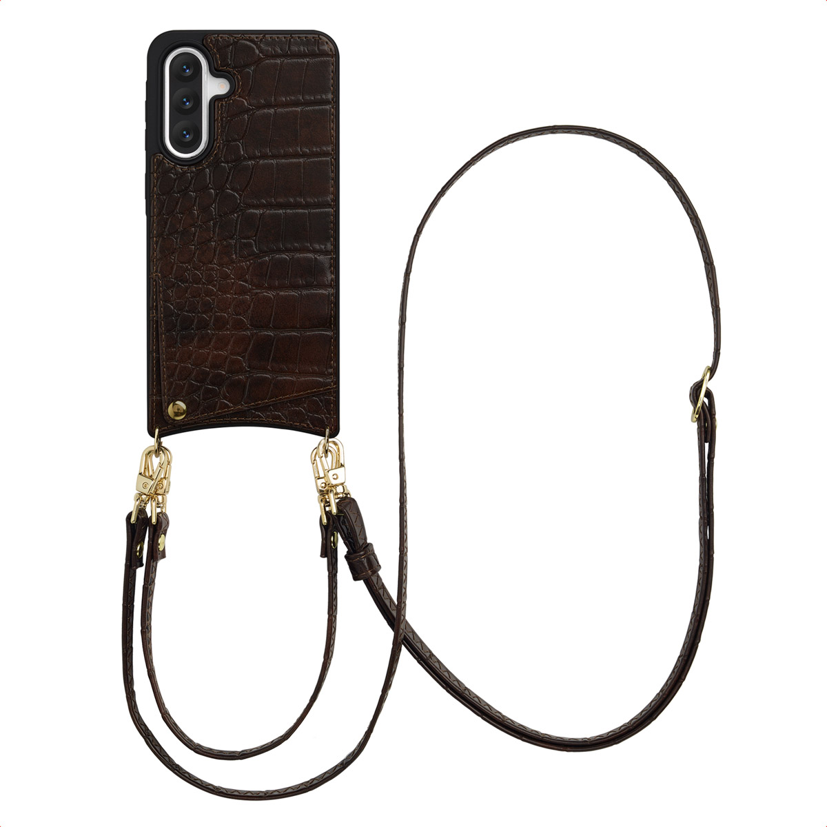 Een bruine leren telefoonhoes met een bandje. De hoes heeft een krokodillenleerpatroon. Het bandje is ook bruin met gouden sluitingen.