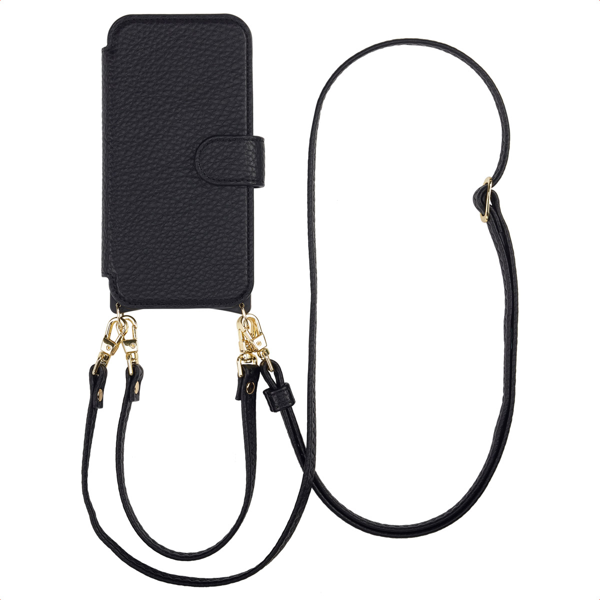Een zwarte leren telefoonhoes met een riem. Het heeft gouden sluitingen en een textuur.
