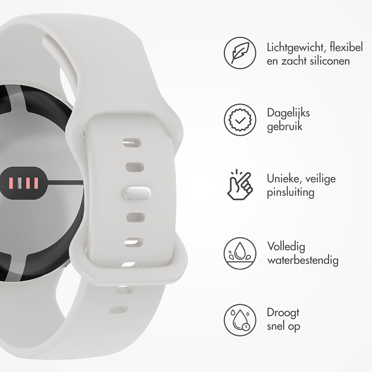 Een witte smartwatch met siliconen band. Tekst benadrukt lichtgewicht, flexibel en zacht siliconen, dagelijks gebruik en waterdichtheid.