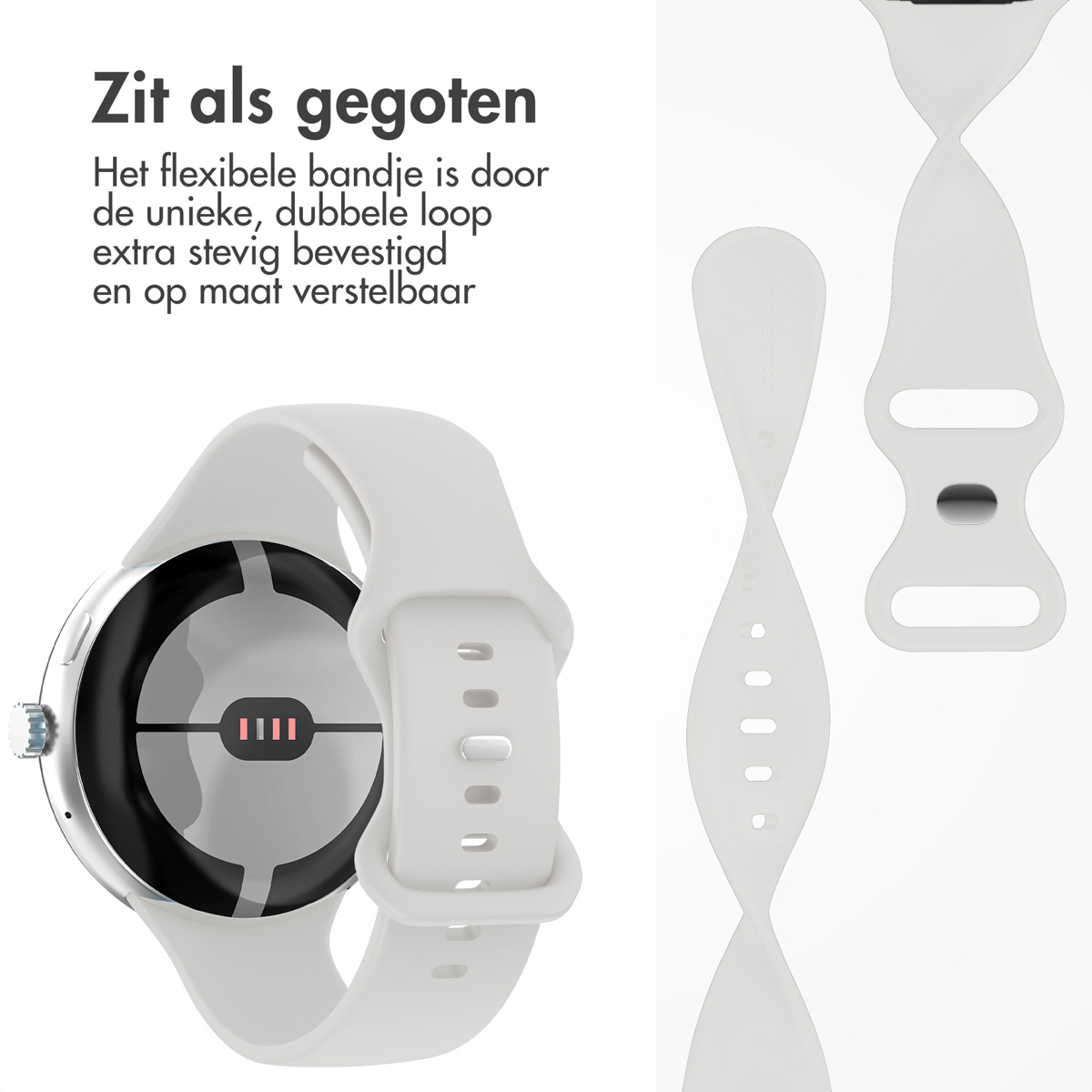Een witte smartwatch met flexibele band wordt getoond. Delen van de band worden apart getoond. Tekst in het Nederlands op de achtergrond.