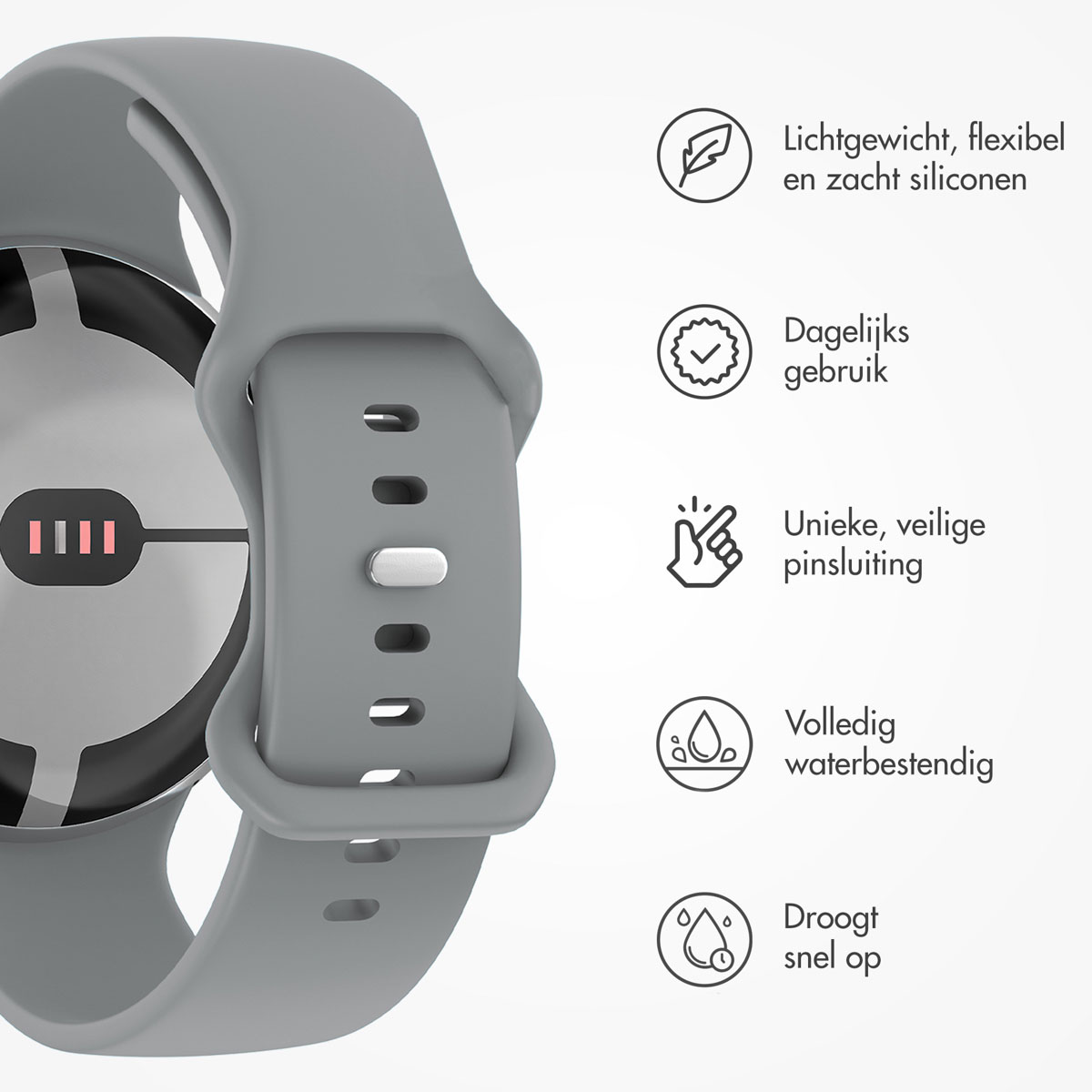Een grijze smartwatch-band met een wijzerplaat op een witte achtergrond, met pictogrammen en tekst over de functies.