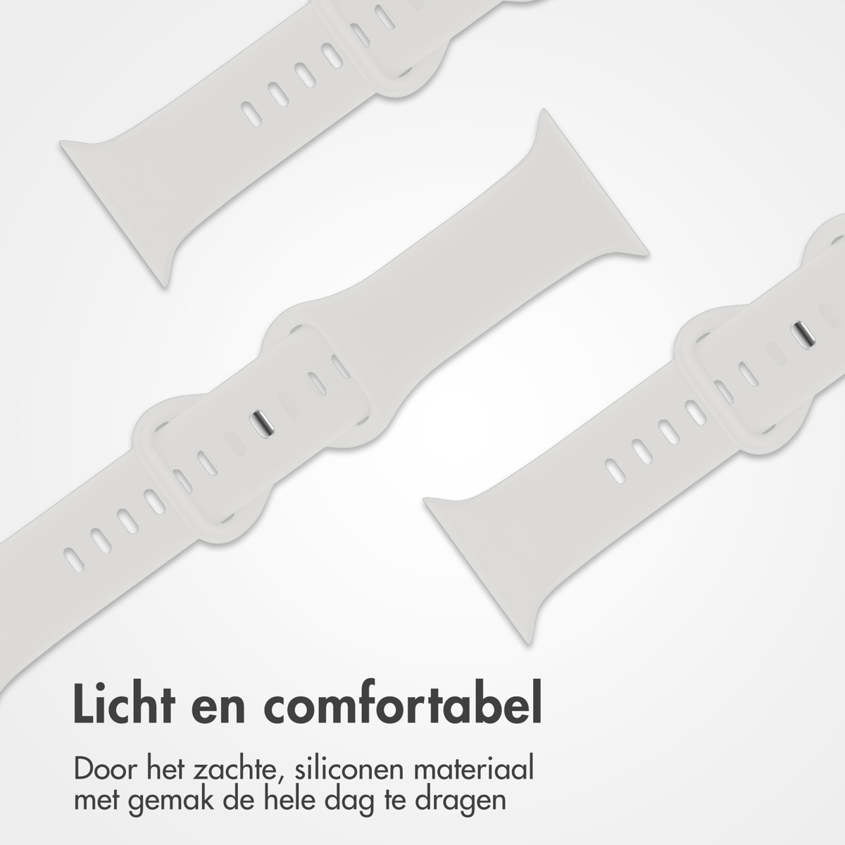 Drie witte horlogebandjes op een witte achtergrond. De tekst 'Licht en comfortabel' staat onderaan.