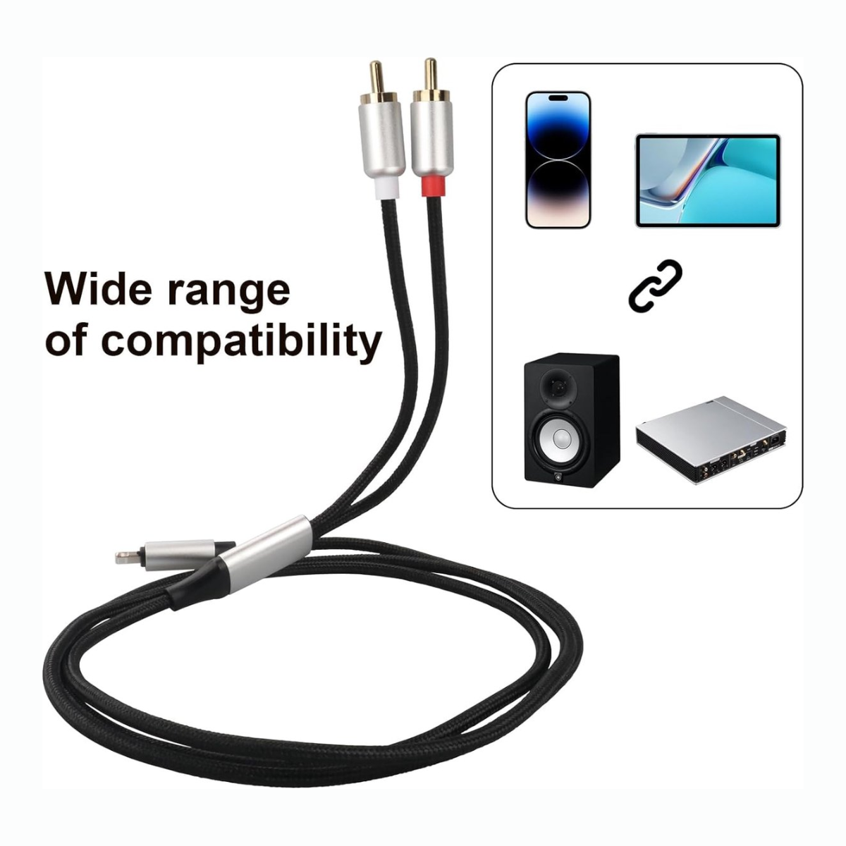 Een audiokabel met zilveren connectoren en een zwart gevlochten snoer. Pictogrammen van een telefoon, tablet, luidspreker en apparaat zijn ook afgebeeld.