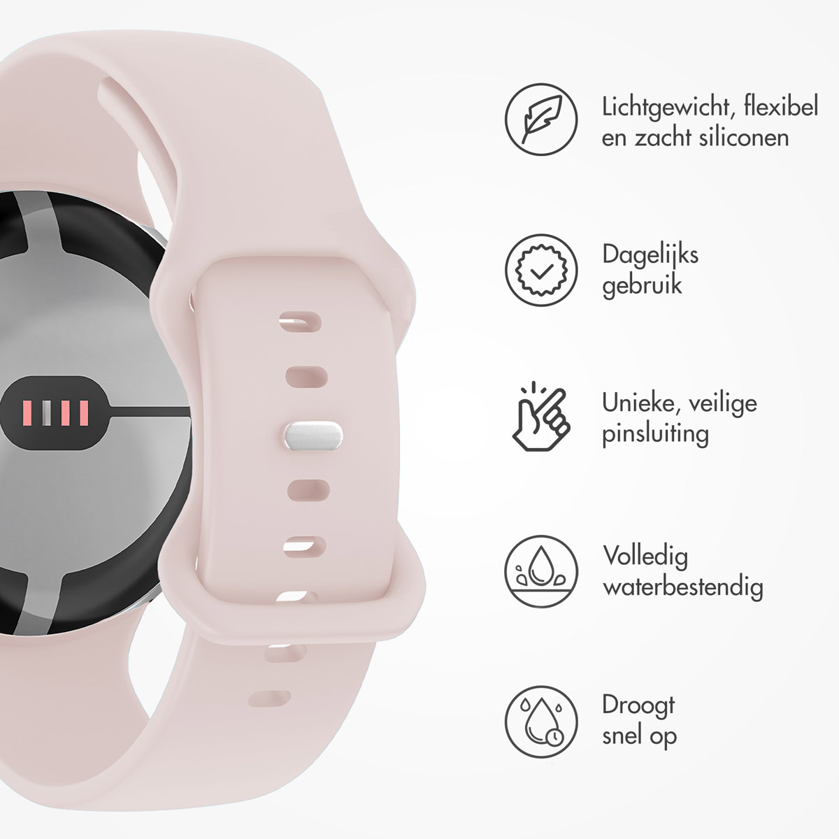 Close-up van een smartwatch met een lichtroze bandje, met functies zoals lichtgewicht siliconen, dagelijks gebruik en waterbestendigheid.