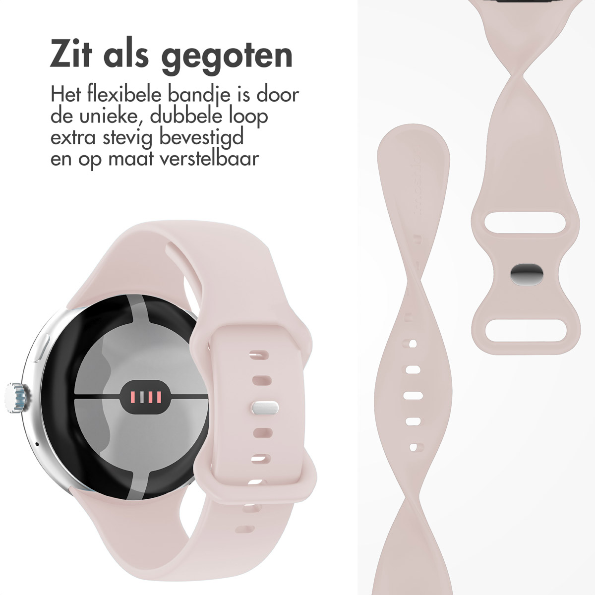 Een lichtroze smartwatch met bijpassende band. De band wordt in verschillende configuraties getoond, waarbij de flexibiliteit wordt benadrukt.