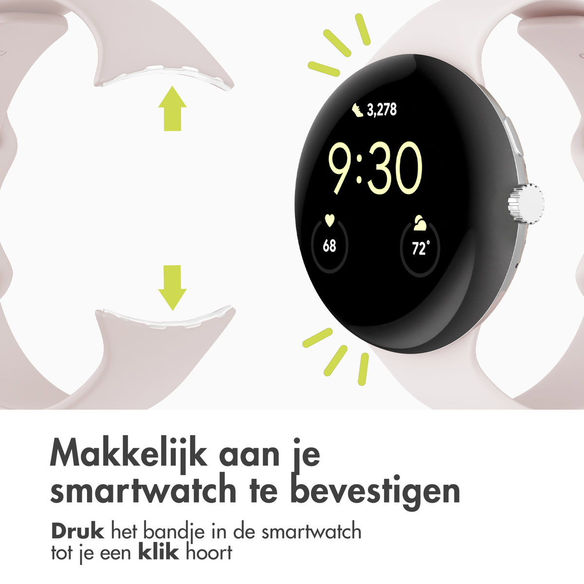 Een smartwatch met een zwart scherm dat tijd en statistieken weergeeft. Lichte roze bandonderdelen worden losgekoppeld en bevestigd, inclusief groene pijlen.