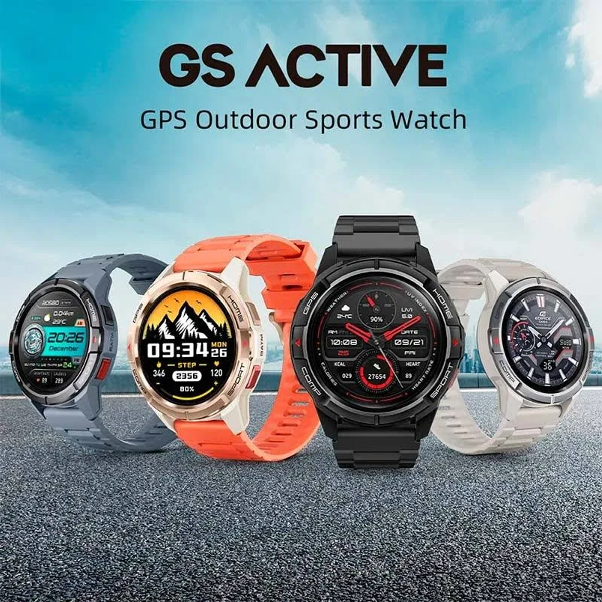 Wyświetlane są cztery smartwatche z różnokolorowymi paskami. Tłem jest błękitne niebo z napisem 'GS ACTIVE' i 'GPS Outdoor Sports Watch'.