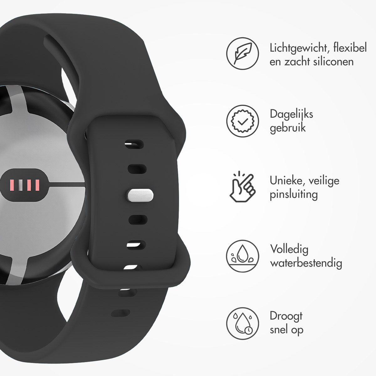 Zwarte smartwatch met zilveren wijzerplaat. Eigenschappen: lichtgewicht siliconen, dagelijks gebruik, unieke sluiting, waterdicht, snel droog.