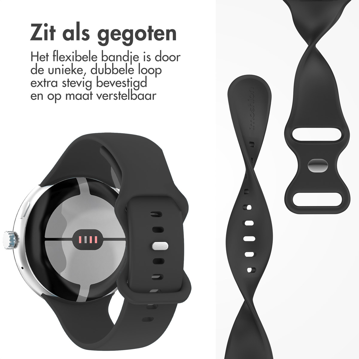 Een zwarte smartwatch met bijpassende band wordt getoond. De band is flexibel en verstelbaar. Er staat tekst, die functies adverteert.