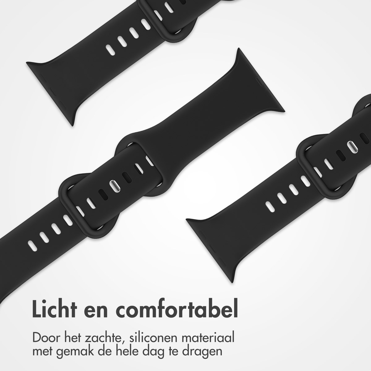 Drie zwarte horlogebandjes op witte achtergrond. Elk heeft een gesp en gaten. Tekst onderaan: 'Licht en comfortabel'.