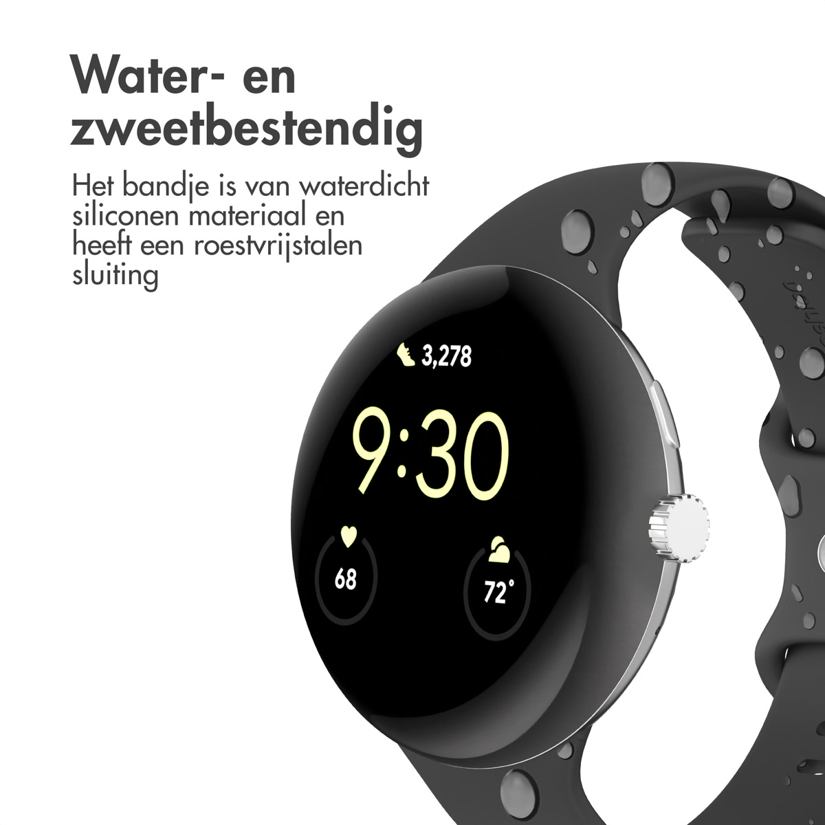 Close-up van een smartwatch met 9:30. Het horloge is zwart met een grijze band. Tekst in het Nederlands.