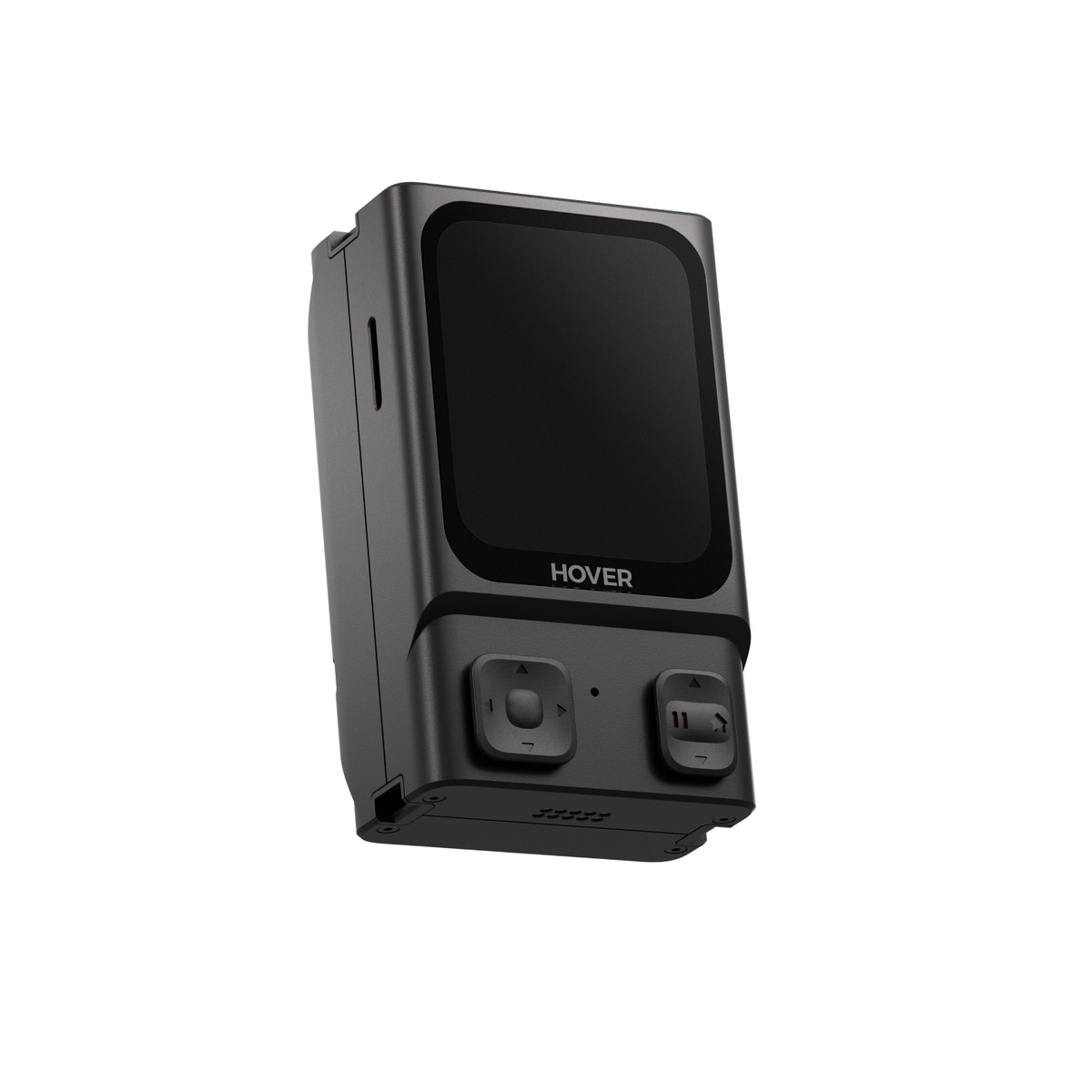 Czarne urządzenie z ekranem i przyciskami, z napisem 'HOVER'. Jest lekko pochylone, na białym tle.